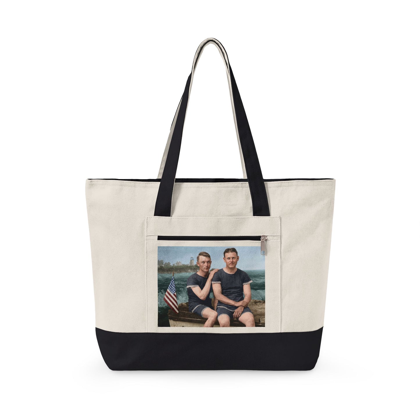 Two men in vintage swimwear coastal canvas tote 