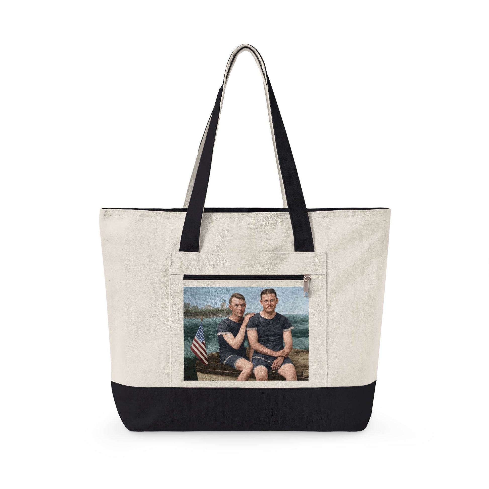 Two men in vintage swimwear coastal canvas tote 