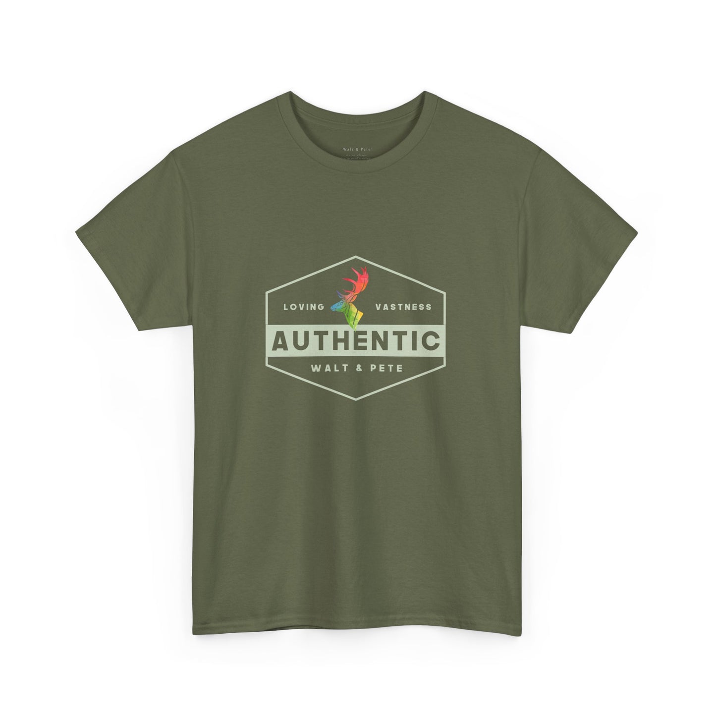 unisex LGBTQ+ t-shirt with a hexagonal badge design reading “Authentic” and “Loving & Vastness,” featuring a rainbow antler—symbolizing self-love, queer pride, and emotional depth.