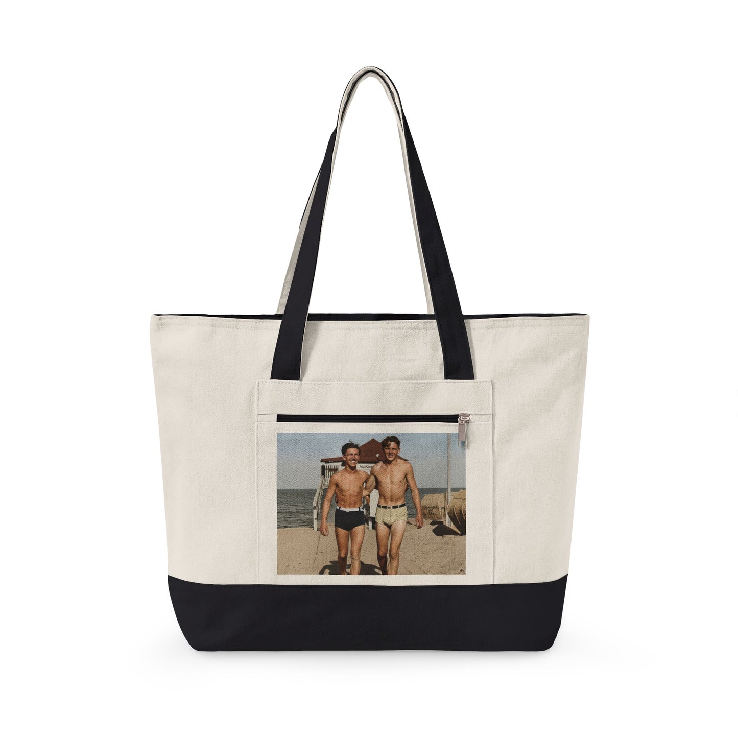Zippered canvas tote with vintage beach boardwalk photograph 