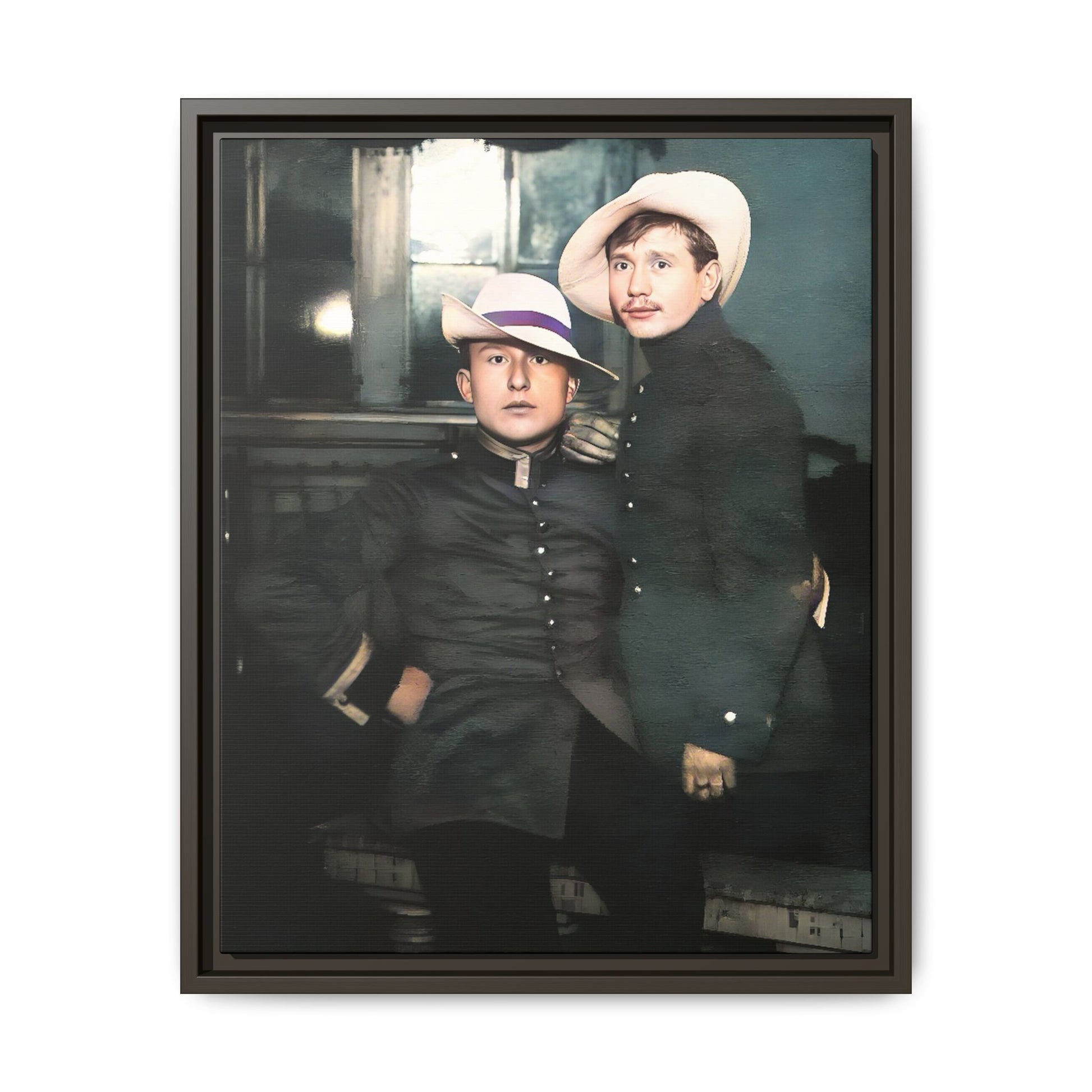 Restored vintage photograph of Flavio and Eustolio, an early 20th-century LGBTQ+ military couple from El Paso, Texas. Displayed as a framed matte canvas print, showcasing timeless love and resilience.