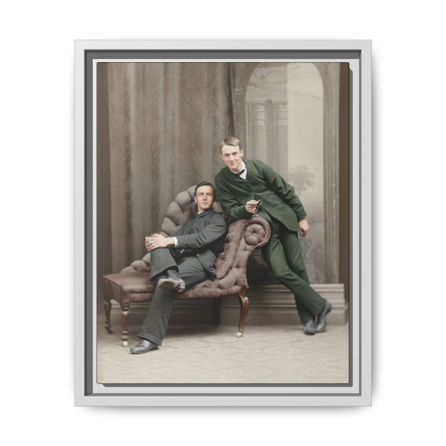 Framed vintage canvas featuring formal portrait scene in neutral studio interior