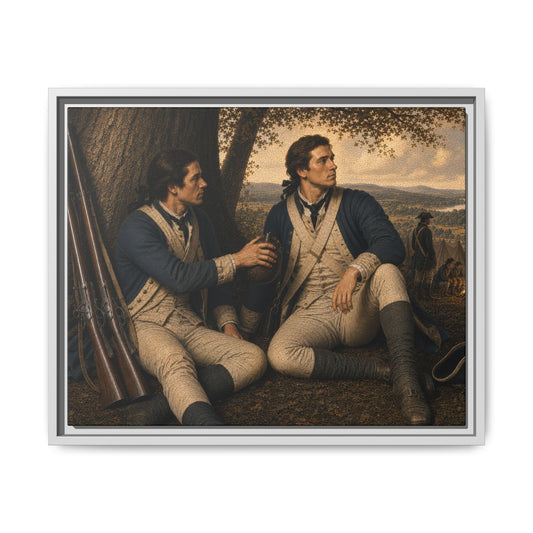 Museum-inspired Revolutionary War canvas showing Continental soldiers seated beside muskets with a military camp in the distance.