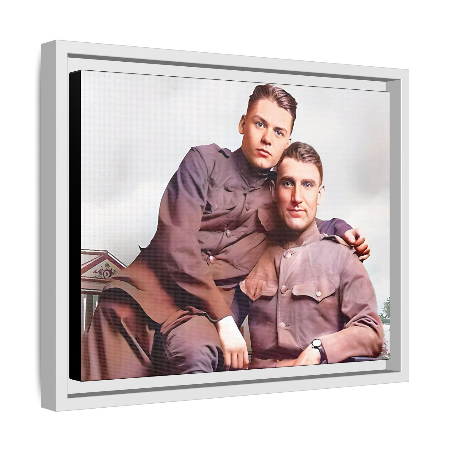 A restored WWII-era portrait of Charlie & Gordon at Debach Airfield, UK. This framed matte canvas captures military camaraderie, resilience, and historical connection, making it a timeless tribute for vintage and aviation collectors. Gay Couple