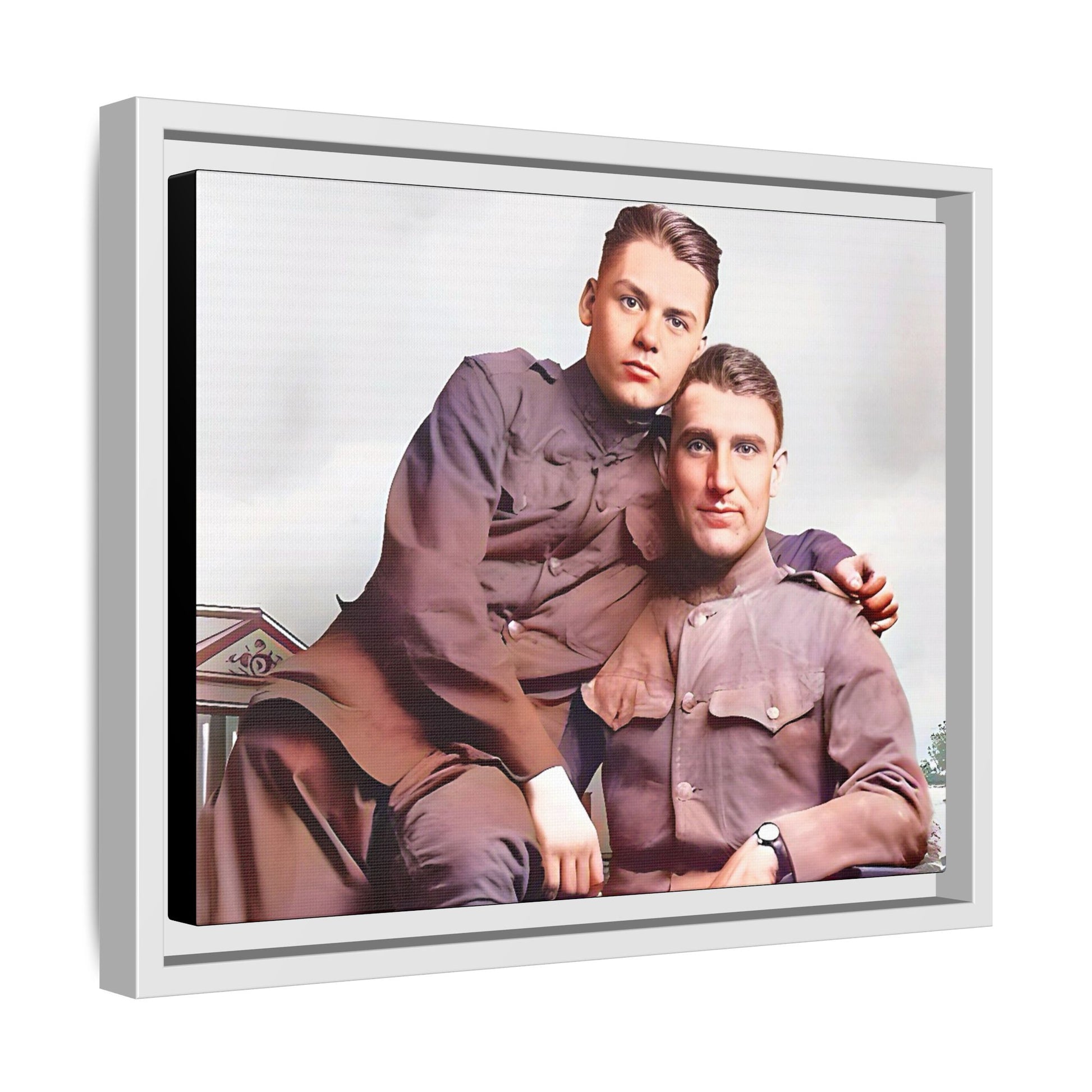 A restored WWII-era portrait of Charlie & Gordon at Debach Airfield, UK. This framed matte canvas captures military camaraderie, resilience, and historical connection, making it a timeless tribute for vintage and aviation collectors. Gay Couple