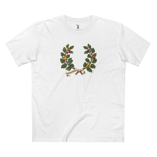 Ugandan mutuba fig laurel wreath with broad green leaves, figs in six Pride colors, crossed woody branches, and an ivory ribbon reading OKWENYUMIRIZA.