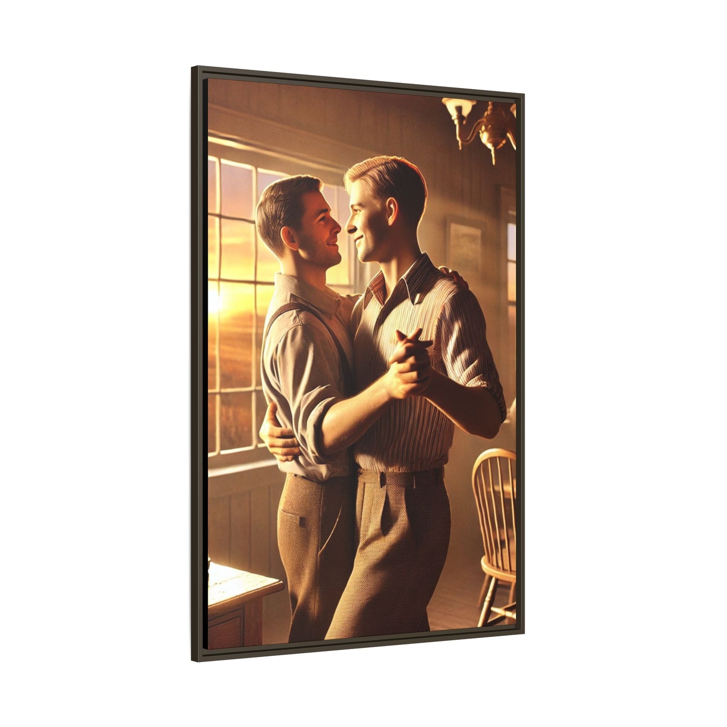 Art of a gay couple dancing in a sunlit dining room, inspired by Grant Wood’s Americana style and celebrating love.