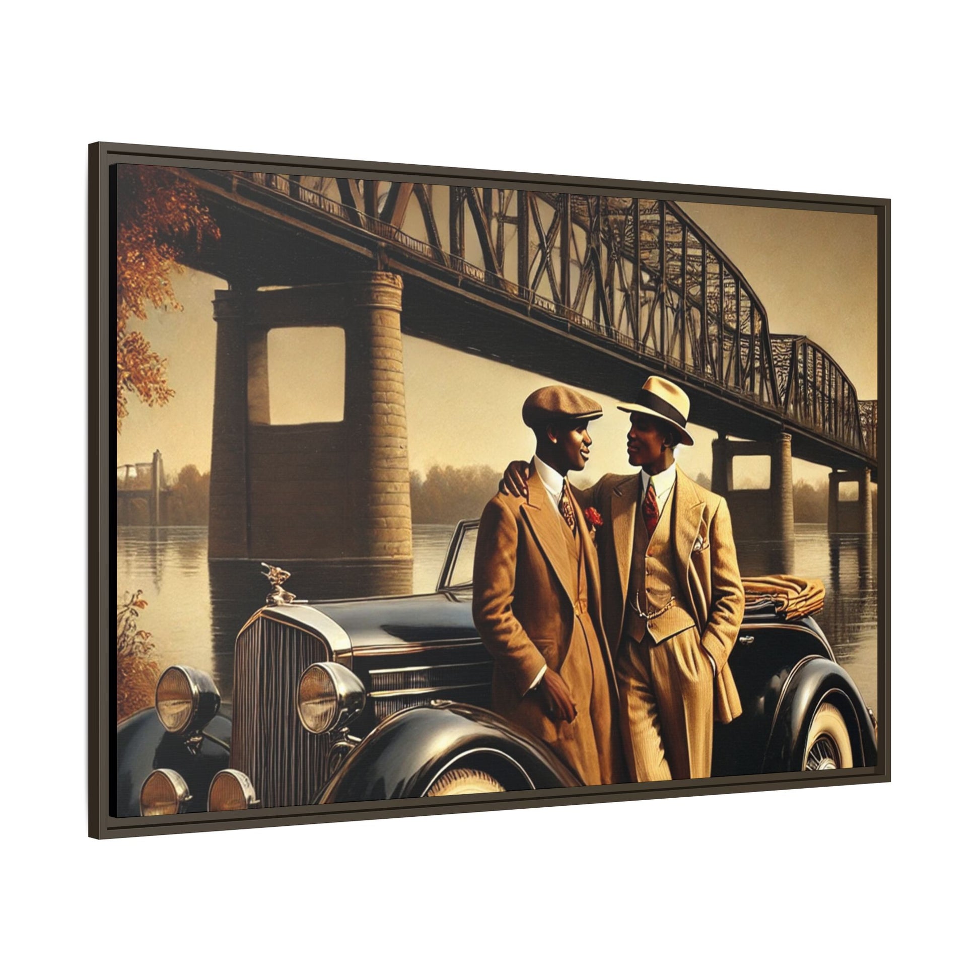 Vintage-style artwork of an African-American gay couple in the 1930s with a Packard car by the Mississippi River, celebrating love and inclusivity.