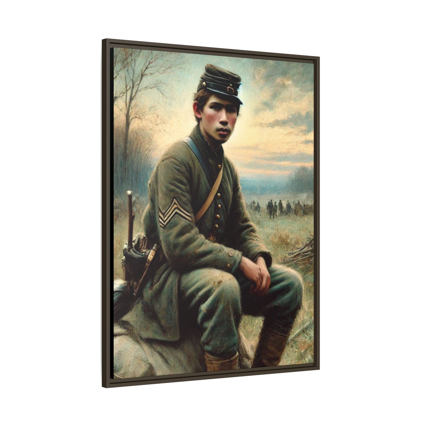 Framed artwork of a Civil War Union soldier inspired by Walt Whitman’s Leaves of Grass and Drum-Taps, depicting themes of sacrifice, strength, and vulnerability amidst a 19th-century battlefield.