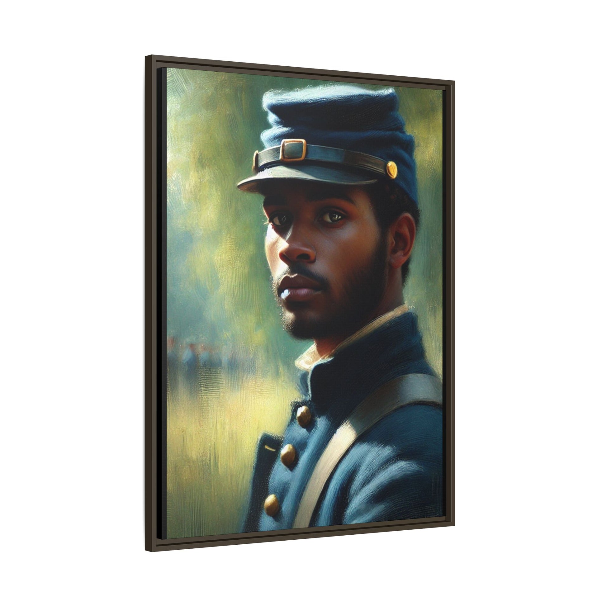 Portrait of an African American Civil War Union soldier in a kepi and navy wool coat, inspired by Walt Whitman’s Drum-Taps, honoring bravery, sacrifice, and resilience.