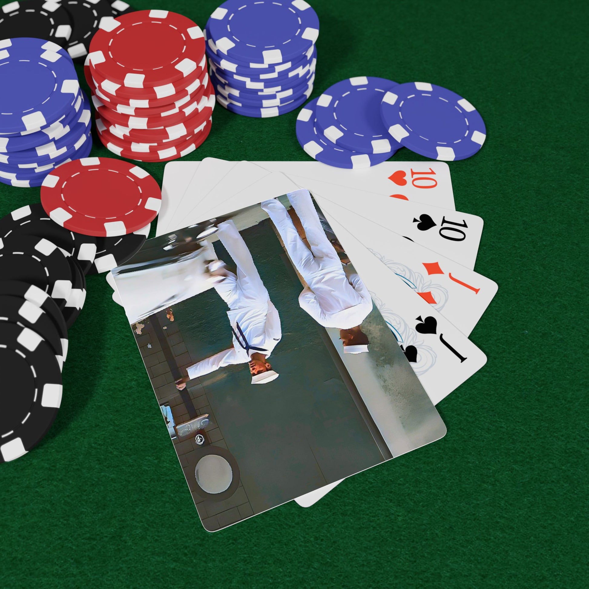 Vintage poker cards featuring two sailors on shore leave, symbolizing LGBTQ+ military history and hidden queer bonds.