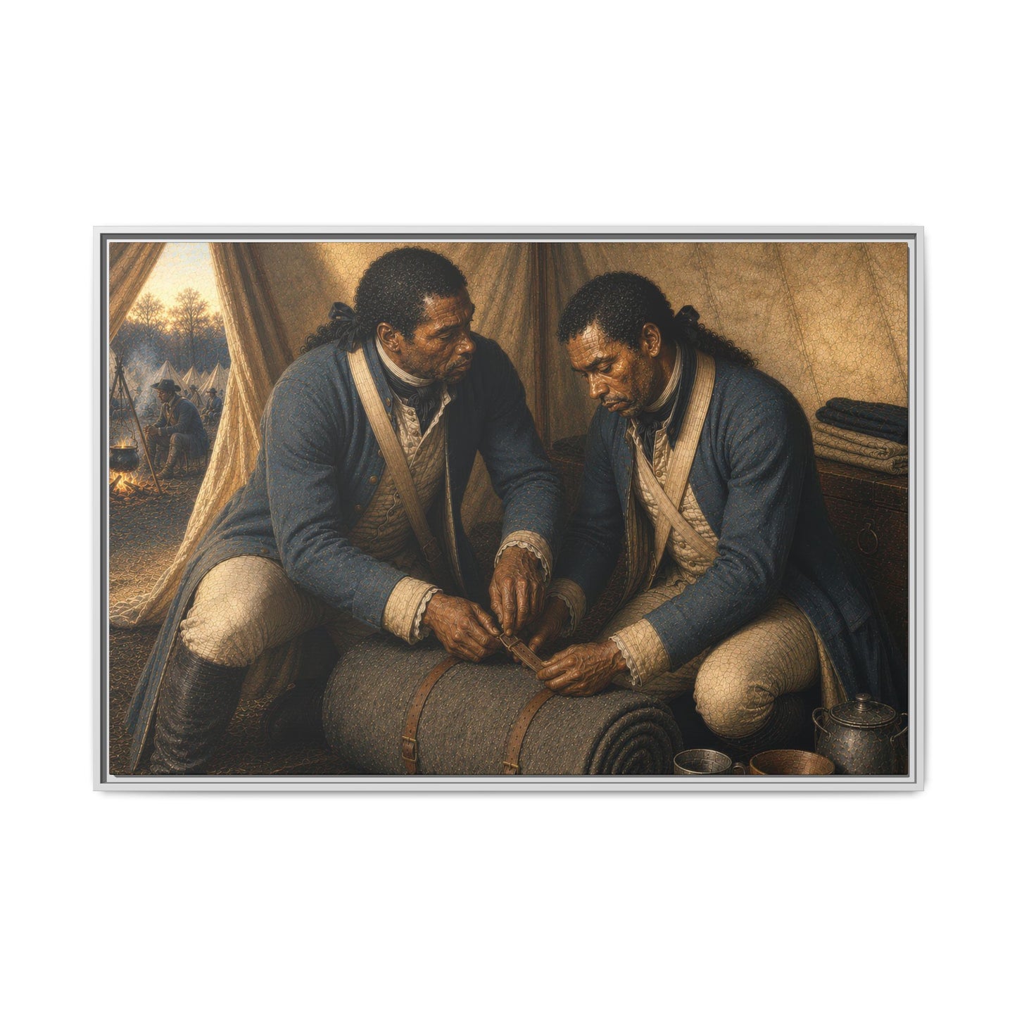 Historical canvas artwork showing Black Patriot soldiers inside a Continental Army tent during winter quarters circa 1781–1783.