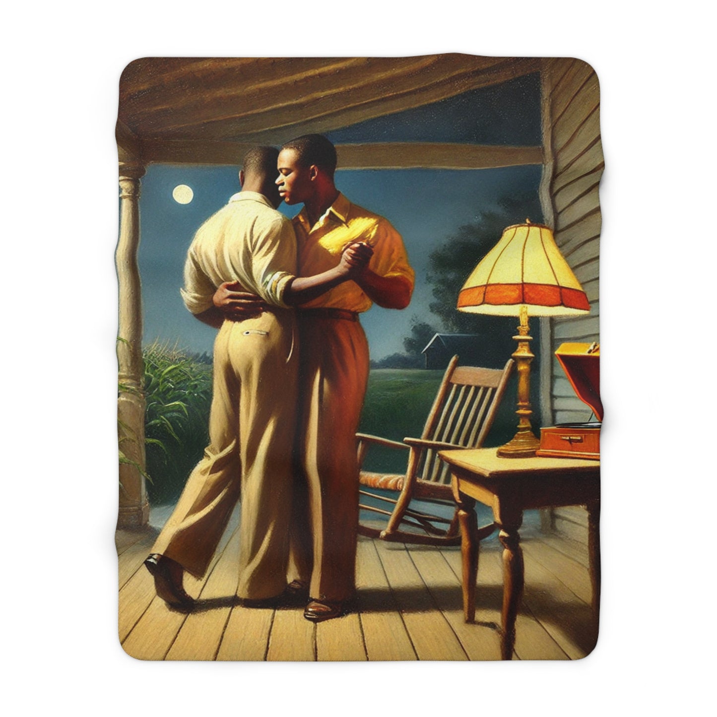 Cozy fleece throw with Grant Wood–inspired moonlit porch artwork and warm lamplight 