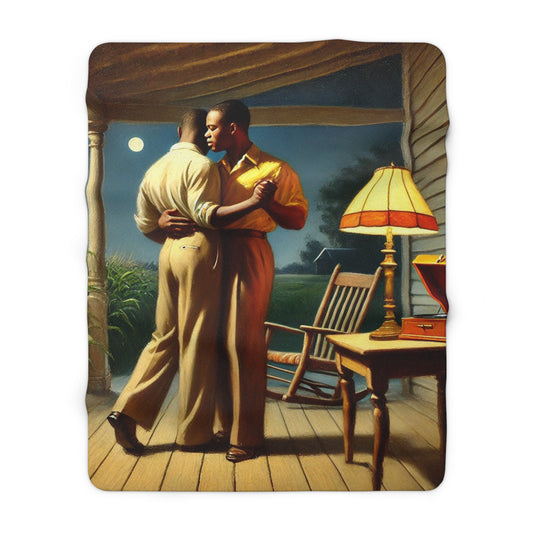 Cozy fleece throw with Grant Wood–inspired moonlit porch artwork and warm lamplight 
