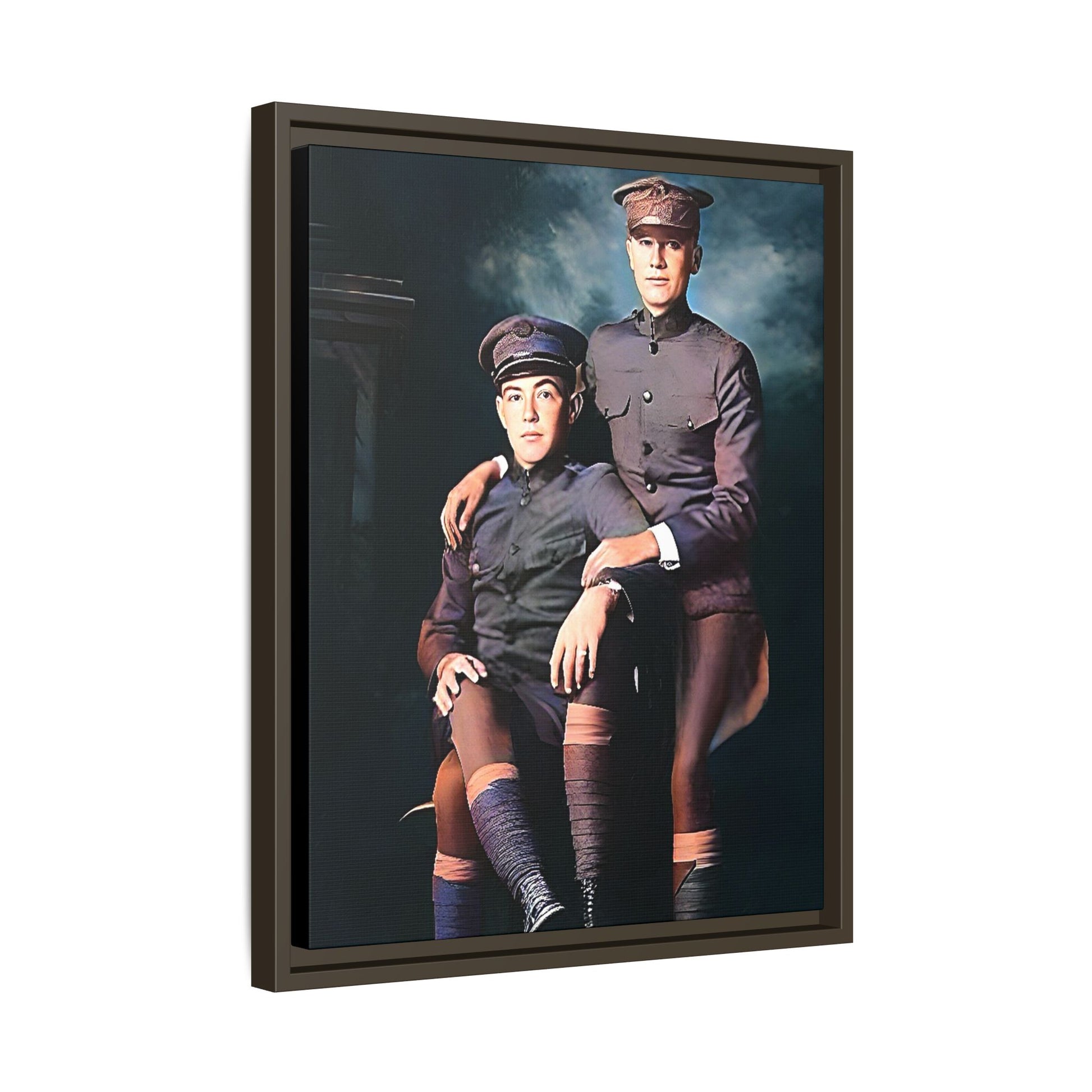 Restored WWI-era photo of Frederick & Hugh, gay soldiers seated together in Providence, Rhode Island, framed canvas art.