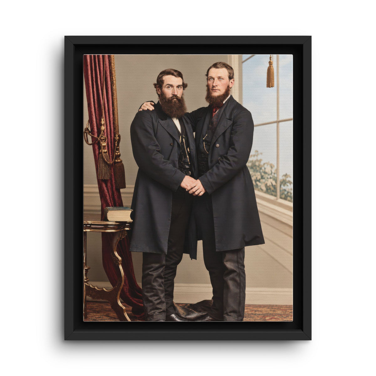 Historic studio portrait of two standing figures with draped backdrop