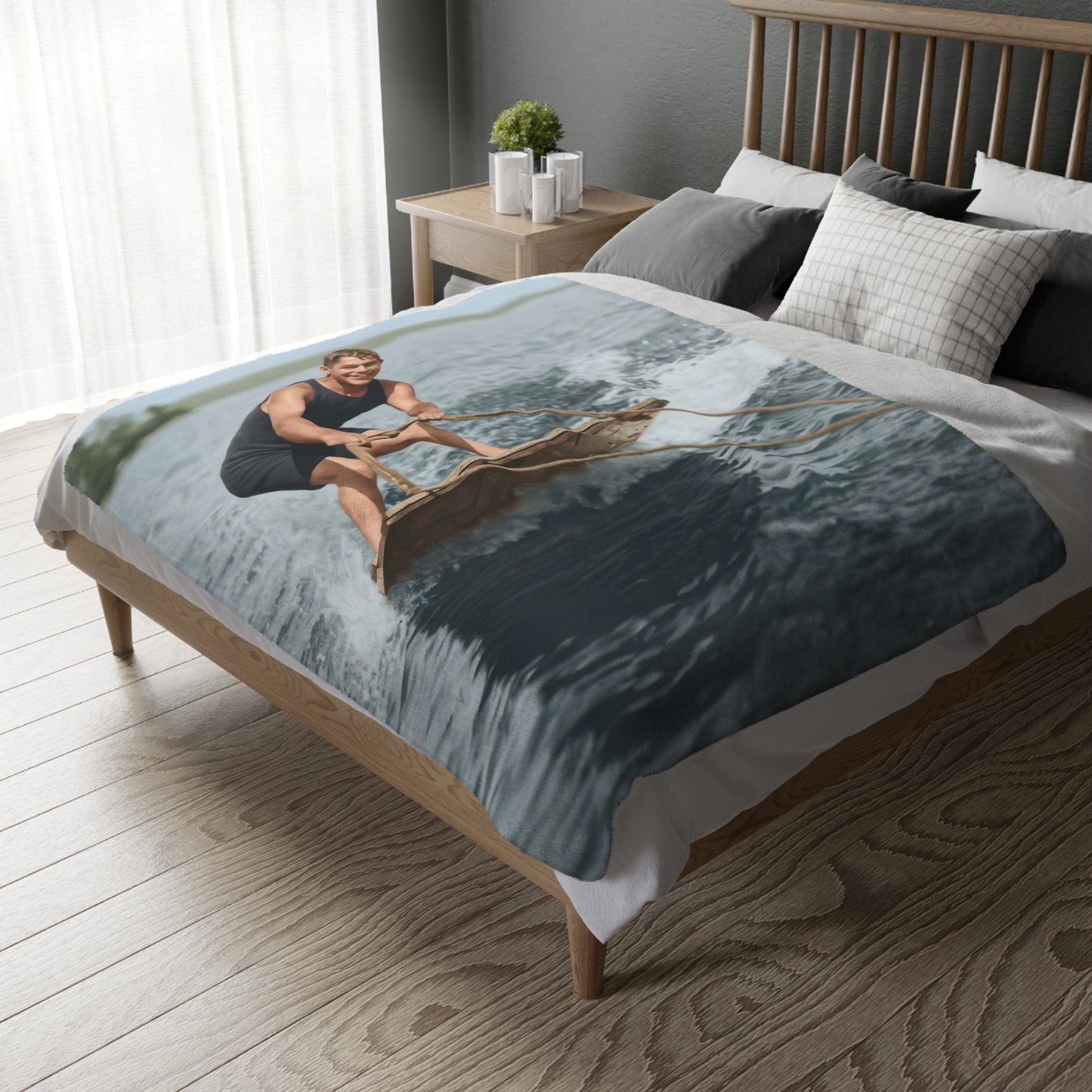 xHeirloom Sherpa Blanket – Early Aquaplaning Figure on Open Water, Restored Historical Image, Premium Fleece Throw (50x60, 60x80)