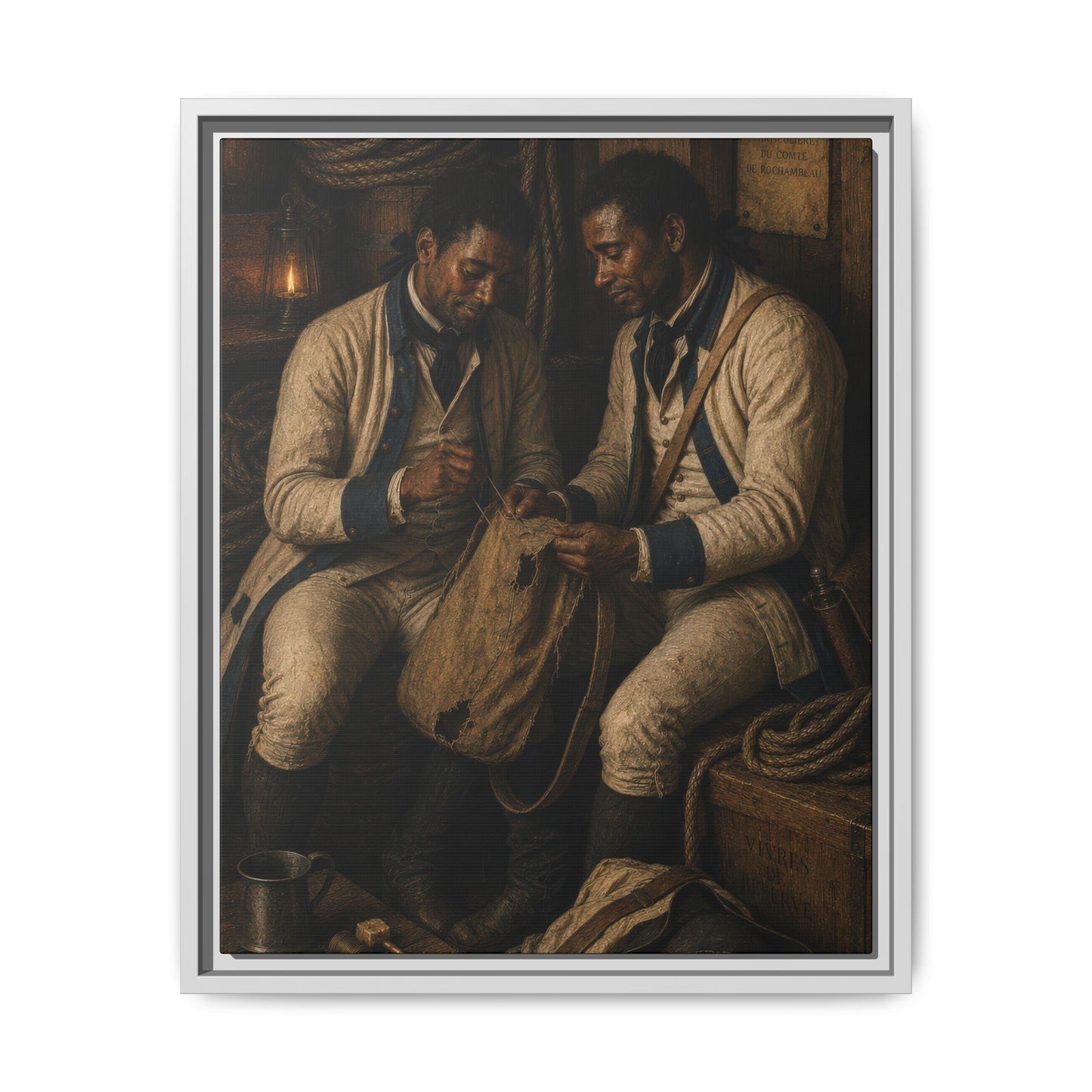Historically inspired oil portrait of Black French Expédition Particulière soldiers repairing a haversack inside a military depot.