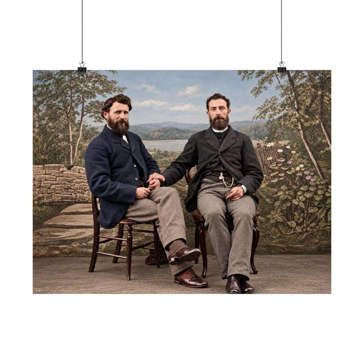 Vintage photography poster reproducing a circa 1875–1885 studio portrait of two bearded gentlemen seated together.