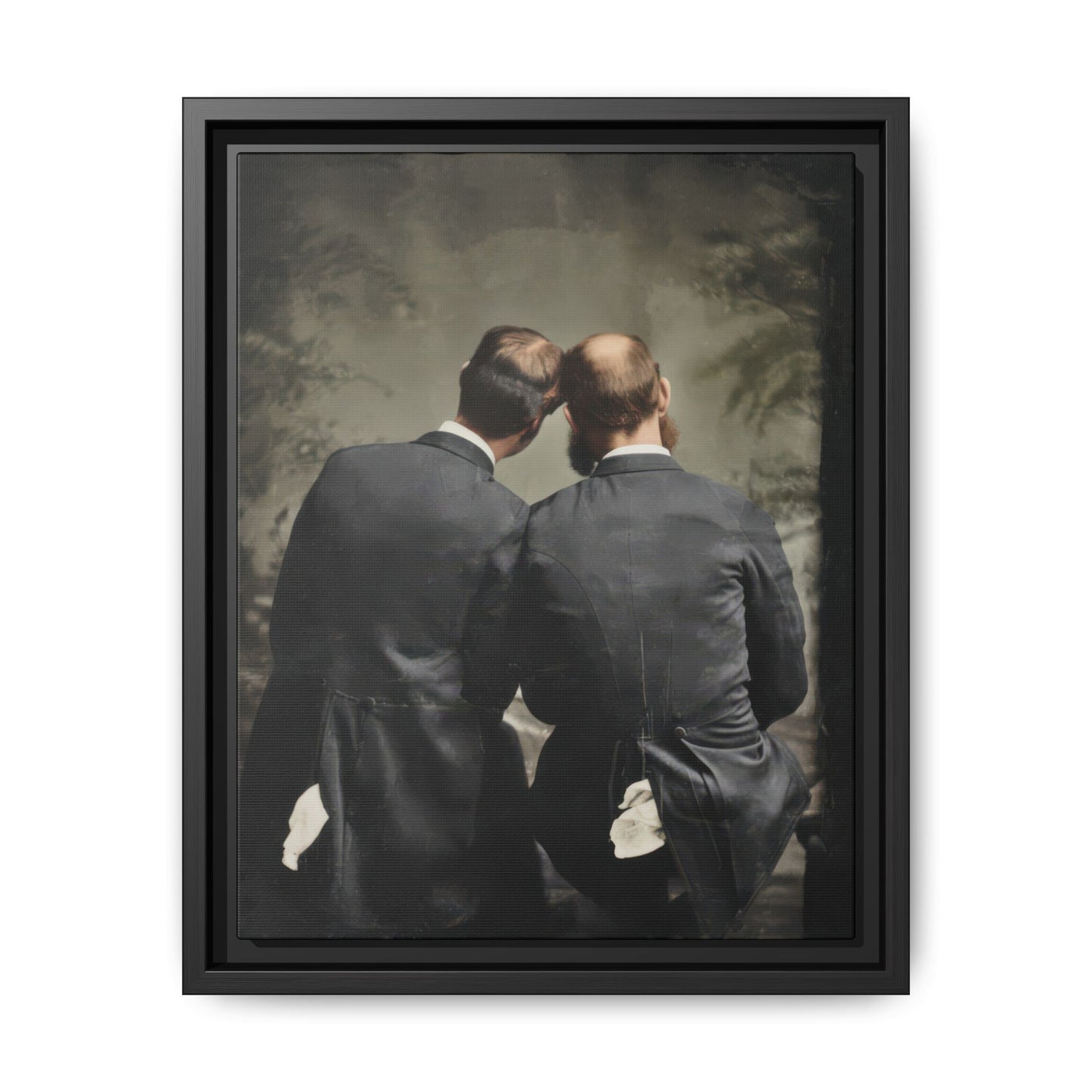 Vintage rear view portrait of two formally dressed men seated closely together