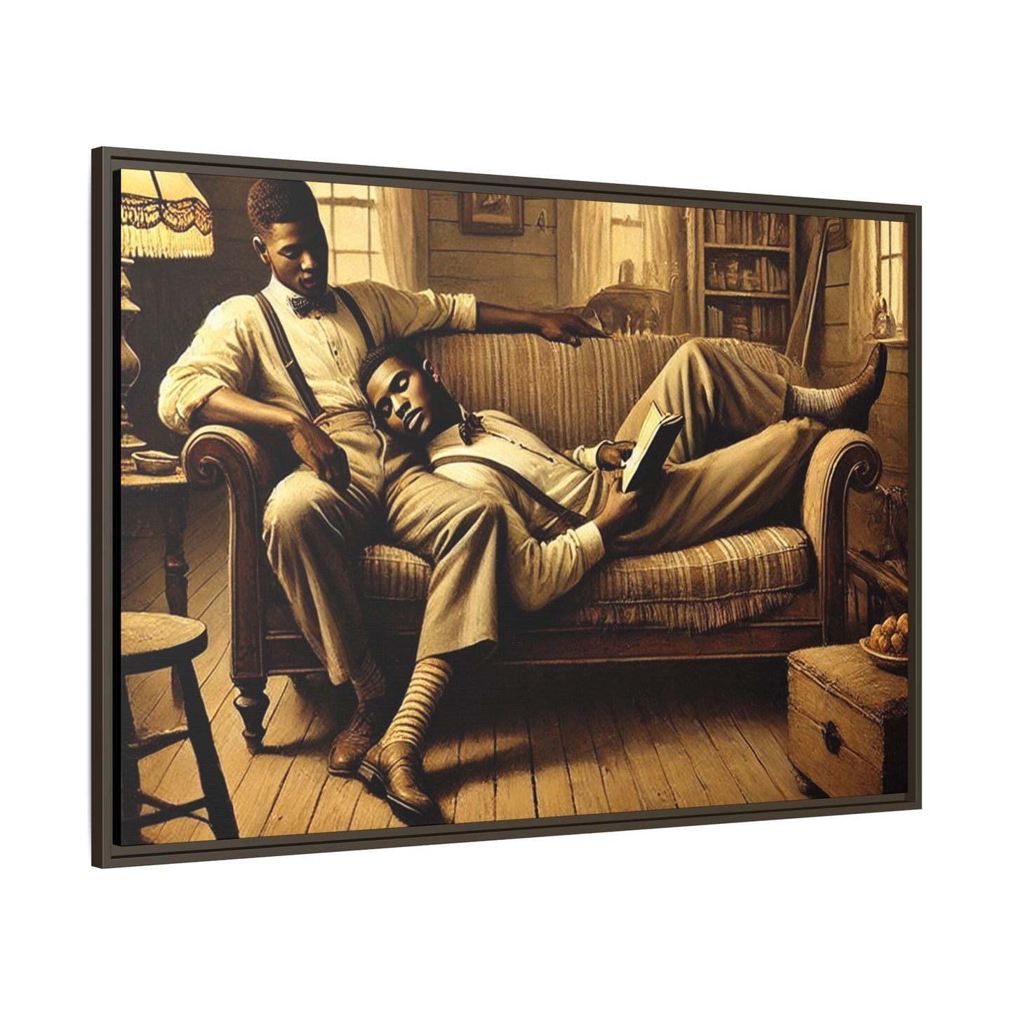 Framed artwork of an African-American gay couple sharing an intimate moment on a rustic sofa, inspired by Grant Wood’s style