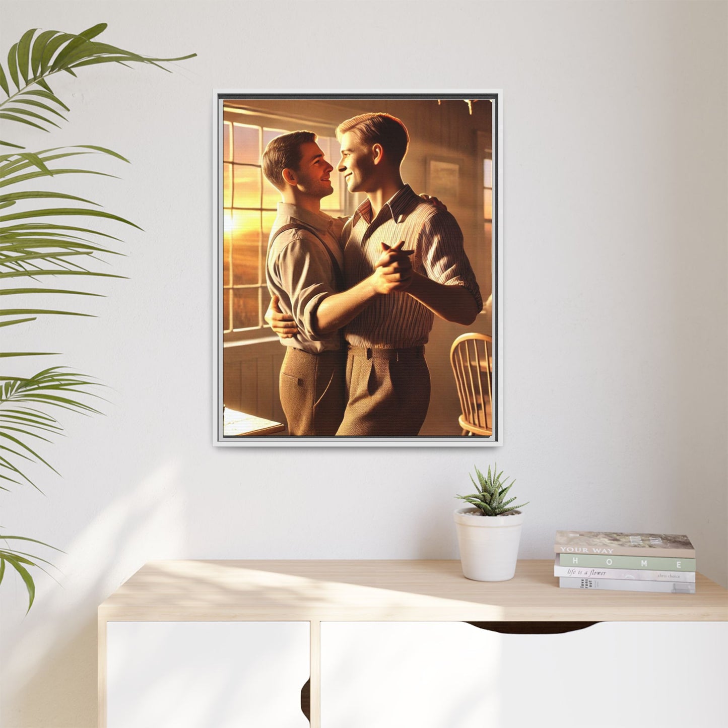 Art of a gay couple dancing in a sunlit dining room, inspired by Grant Wood’s Americana style and celebrating love.