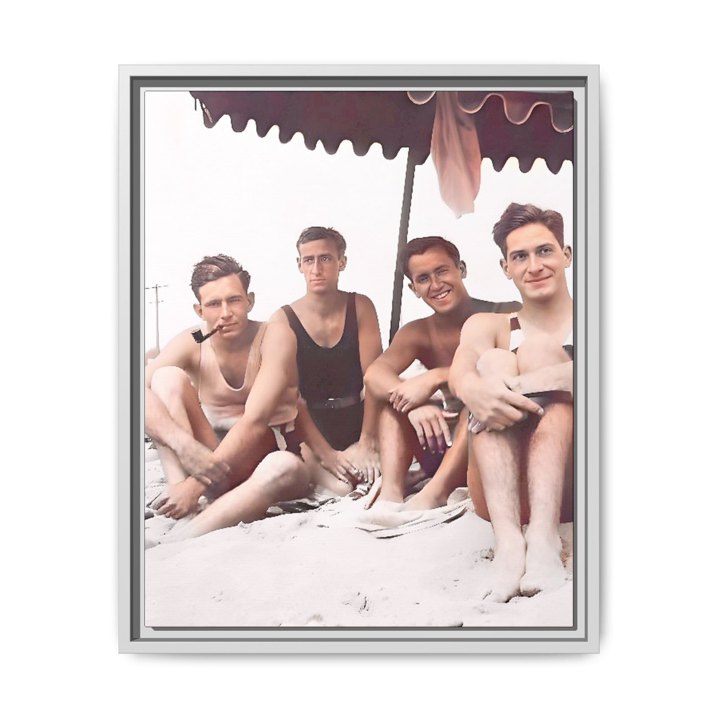 Restored vintage 1920s photograph of men enjoying a sunny beach day in Asbury Park, New Jersey, under a striped canopy. Framed matte canvas print celebrating LGBTQ+ history, joy, and camaraderie