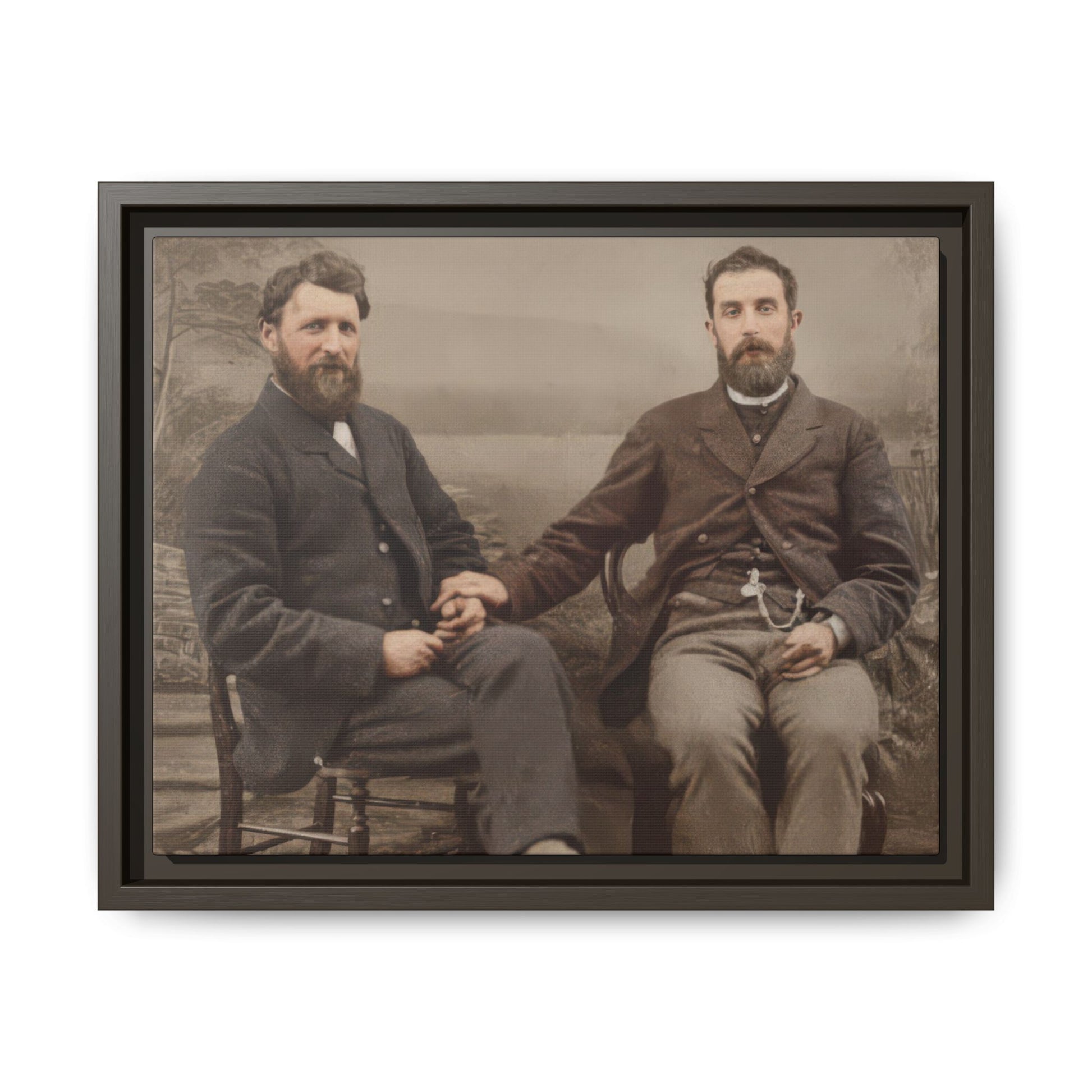 Antique two figure studio photograph with formal pose reproduced as canvas wall art