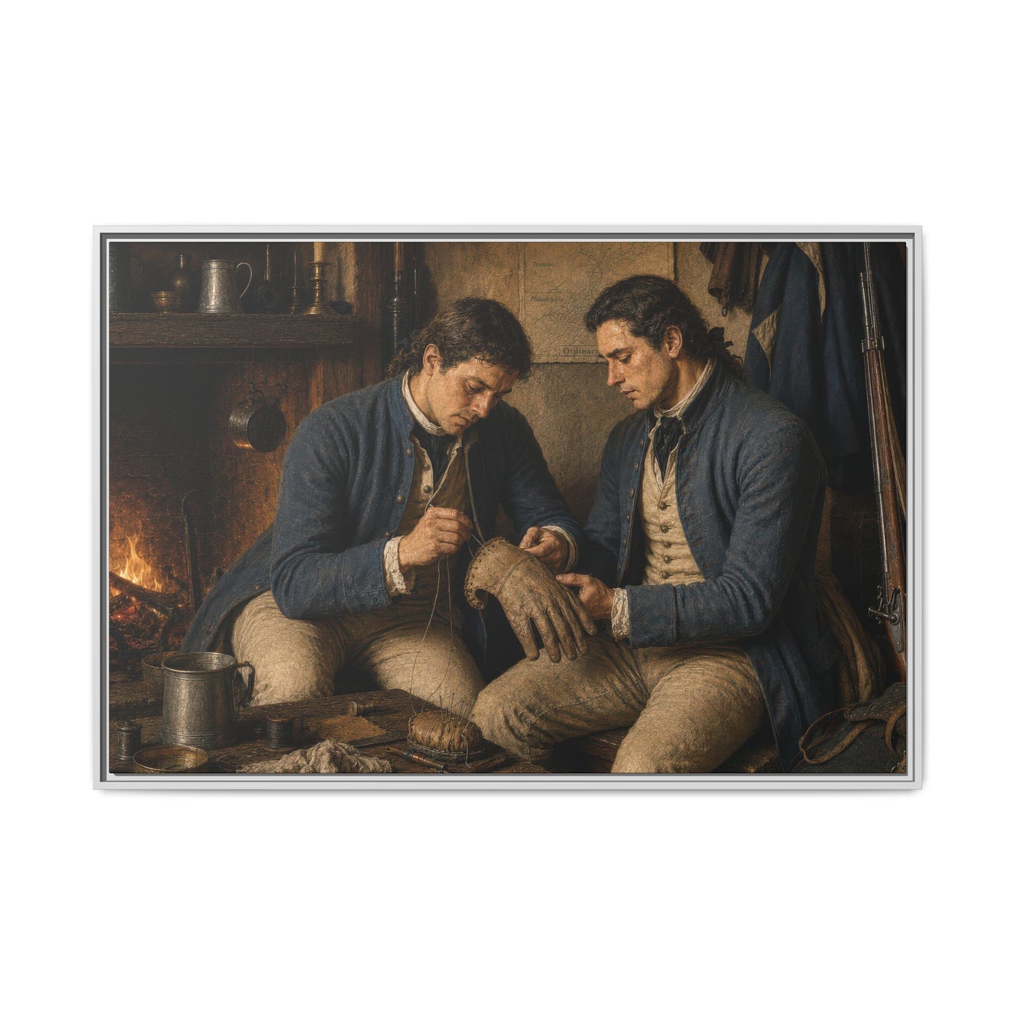 Museum-quality Revolutionary War artwork showing two eighteenth-century soldiers engaged in equipment repair inside a rustic interior. 