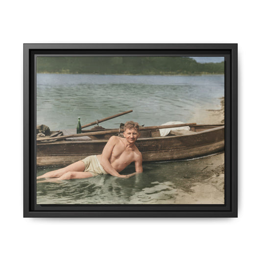 man reclining water beside boat vintage photograph restored 