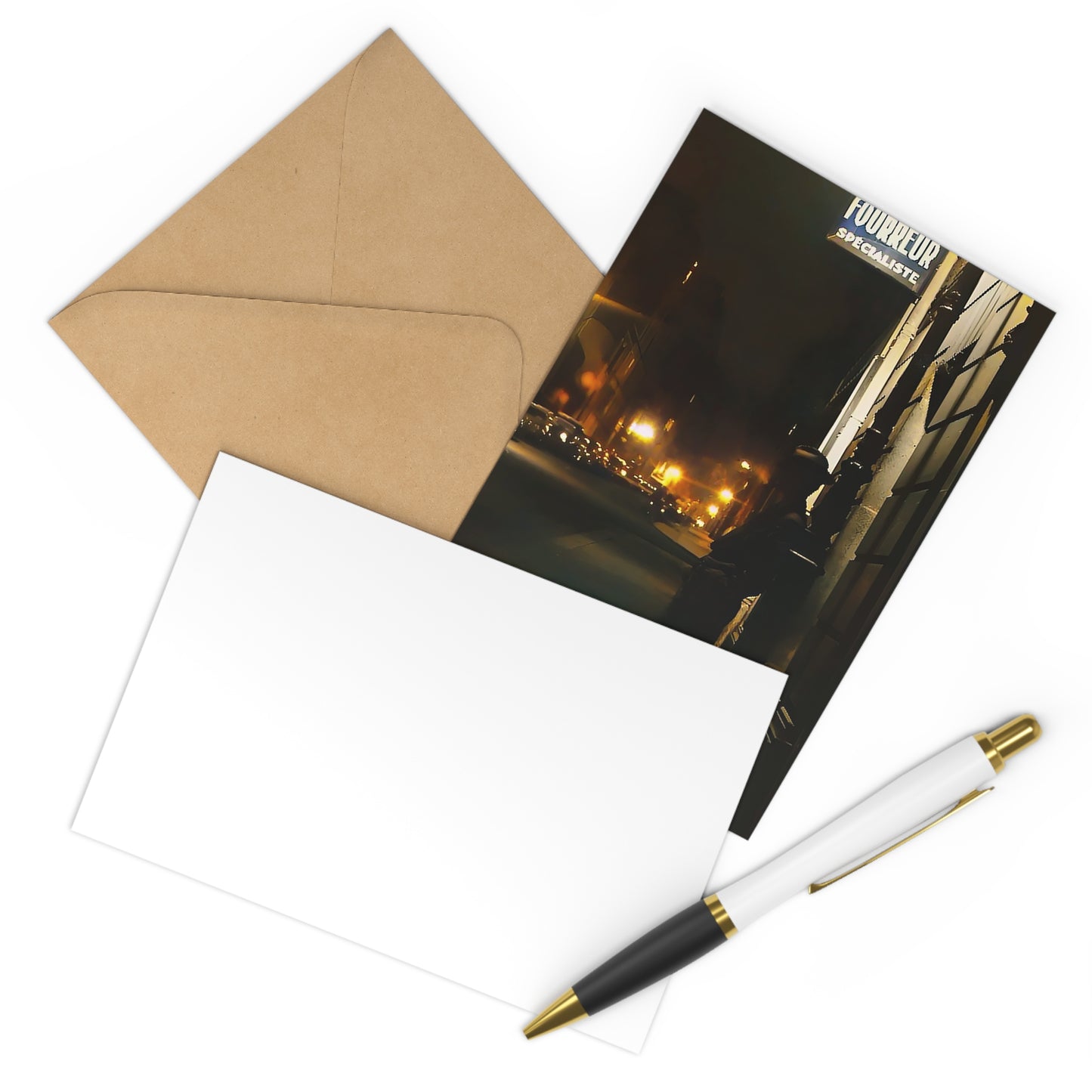 Evocative 7-piece postcard set featuring a vintage photo of a lone man on a quiet, dimly lit urban street.