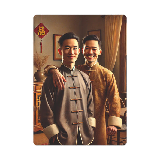 A gay Asian-American couple in traditional Chinese attire, celebrating the Lunar New Year in 1932 Iowa City, inspired by Grant Wood’s artistic style.