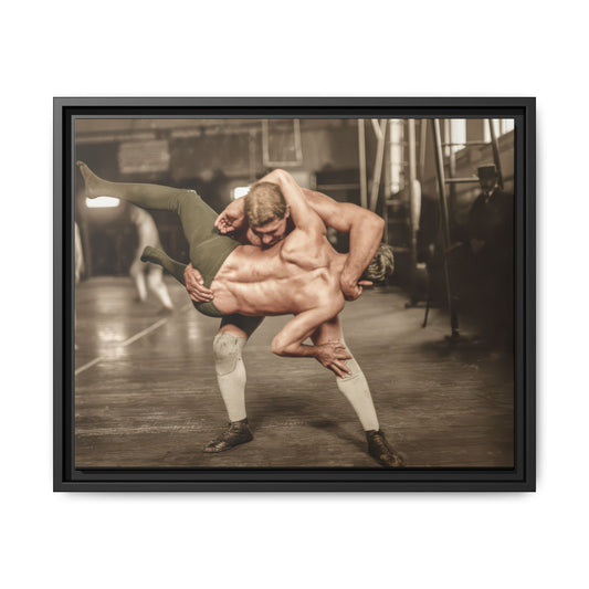 Framed matte canvas wall art showing an early 20th-century wrestling scene with dramatic motion 