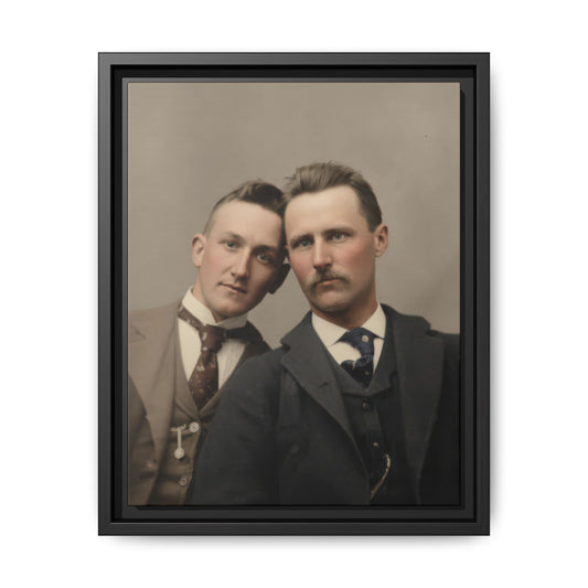 Vintage studio photograph of two suited companions posed closely together