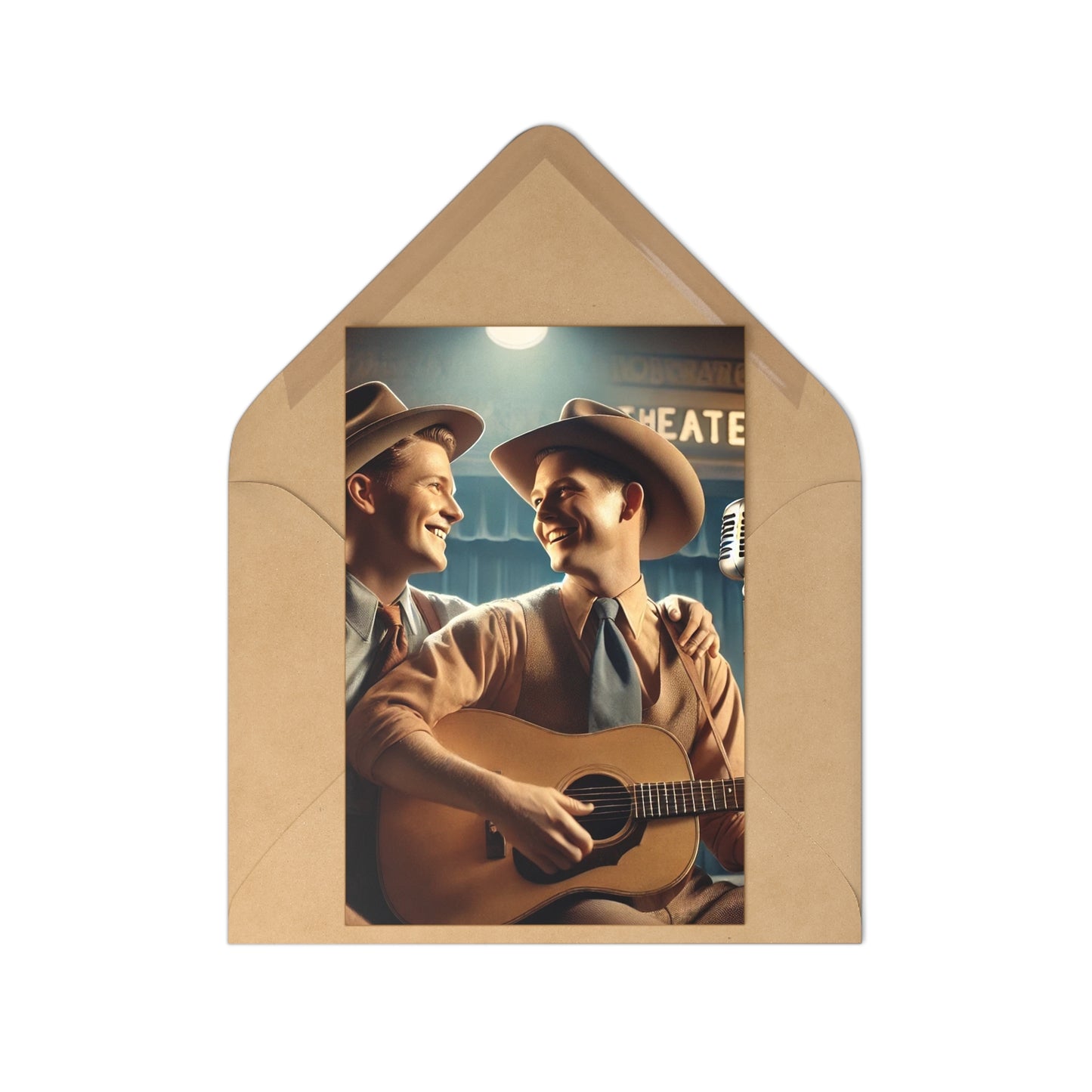 Charming postcard set featuring a gay couple recording a country-western song in a 1930s-style vintage studio.