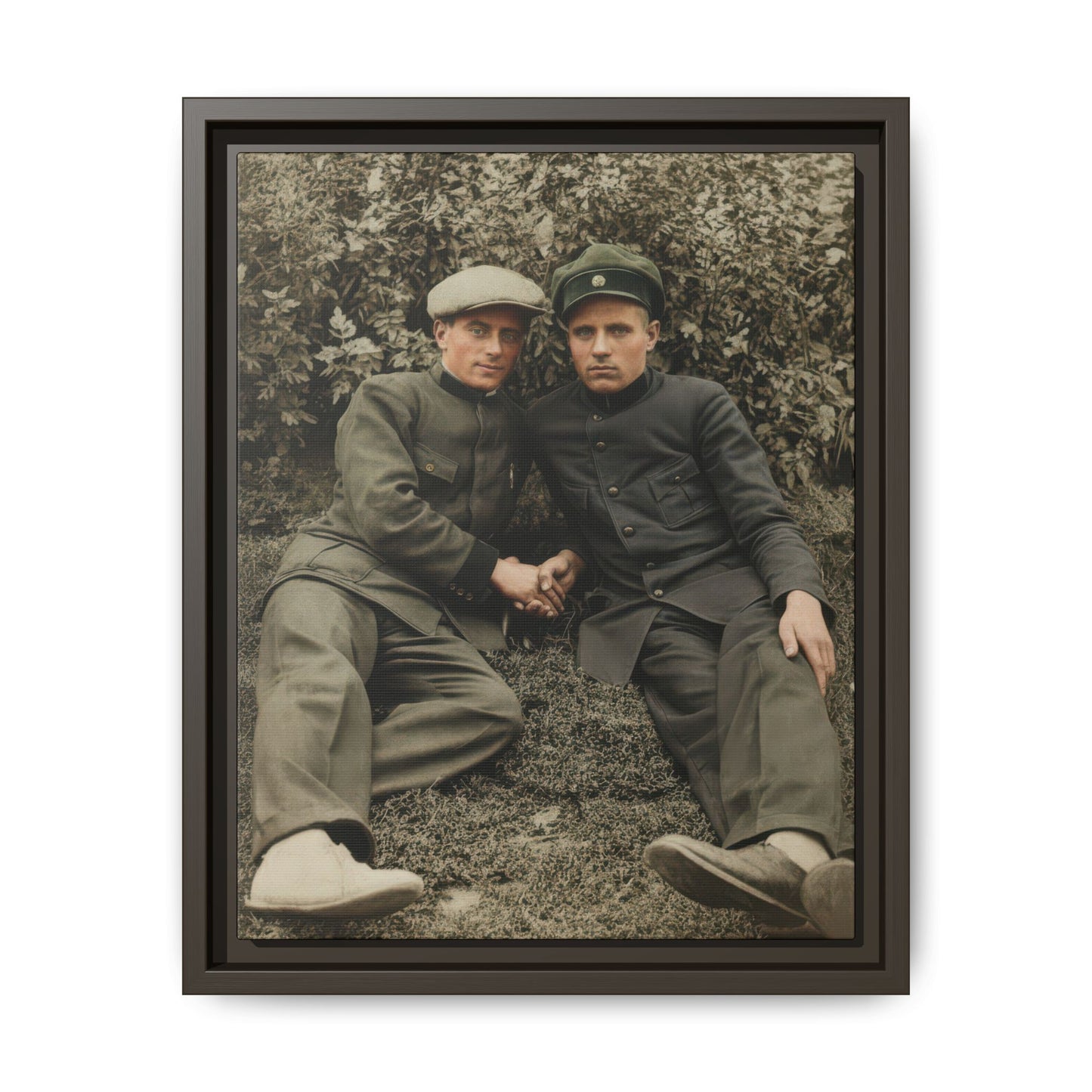 Early 20th century historical photo with foliage backdrop and structured clothing