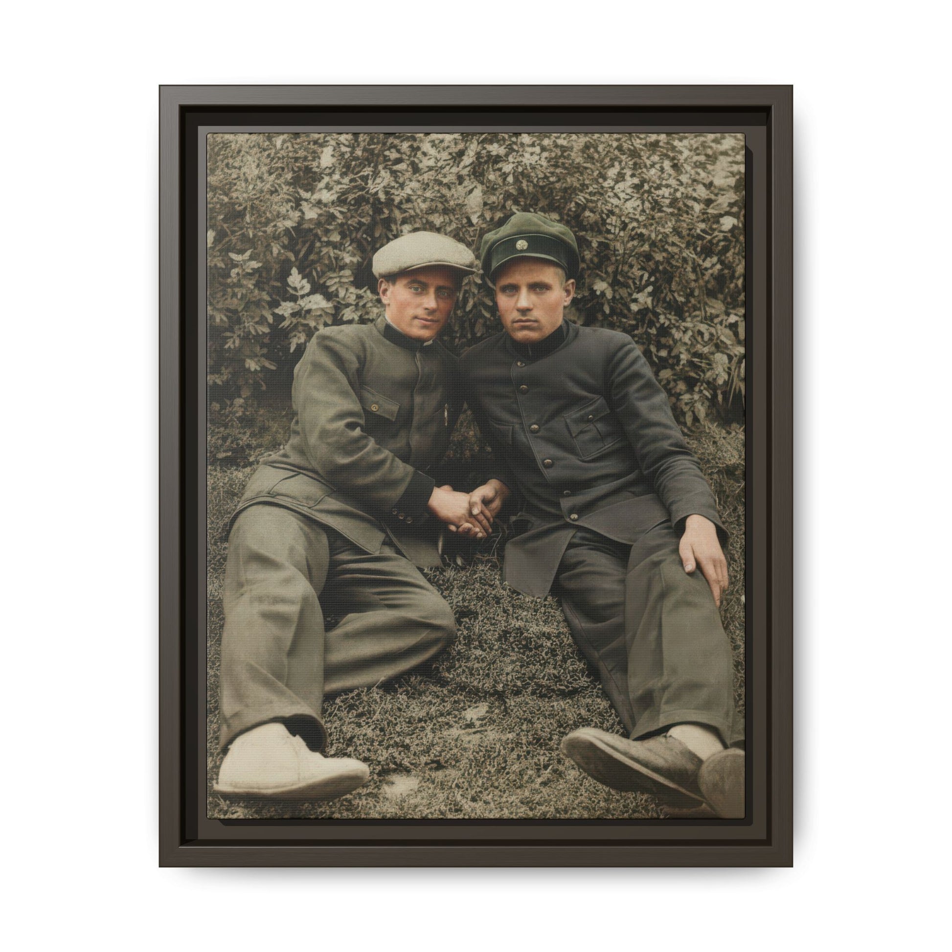 Early 20th century historical photo with foliage backdrop and structured clothing