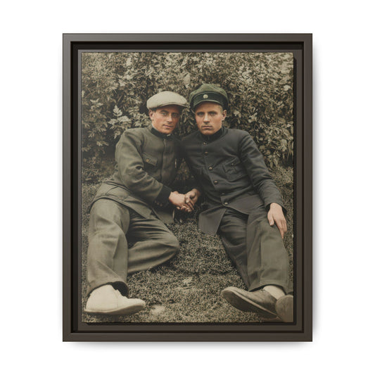 Early 20th century historical photo with foliage backdrop and structured clothing