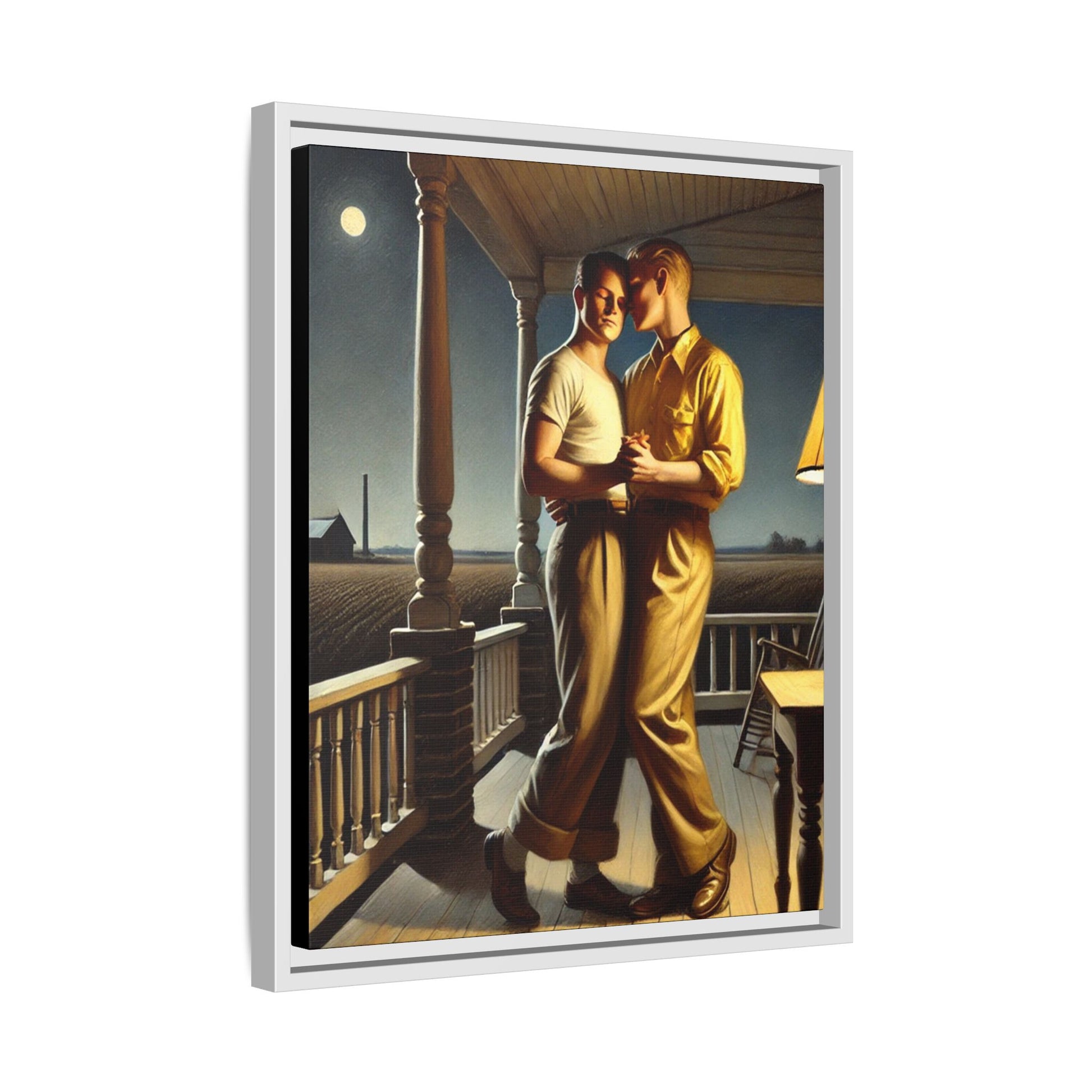 Artwork of a gay couple standing on a farmhouse porch under the moonlight, inspired by Grant Wood’s style.