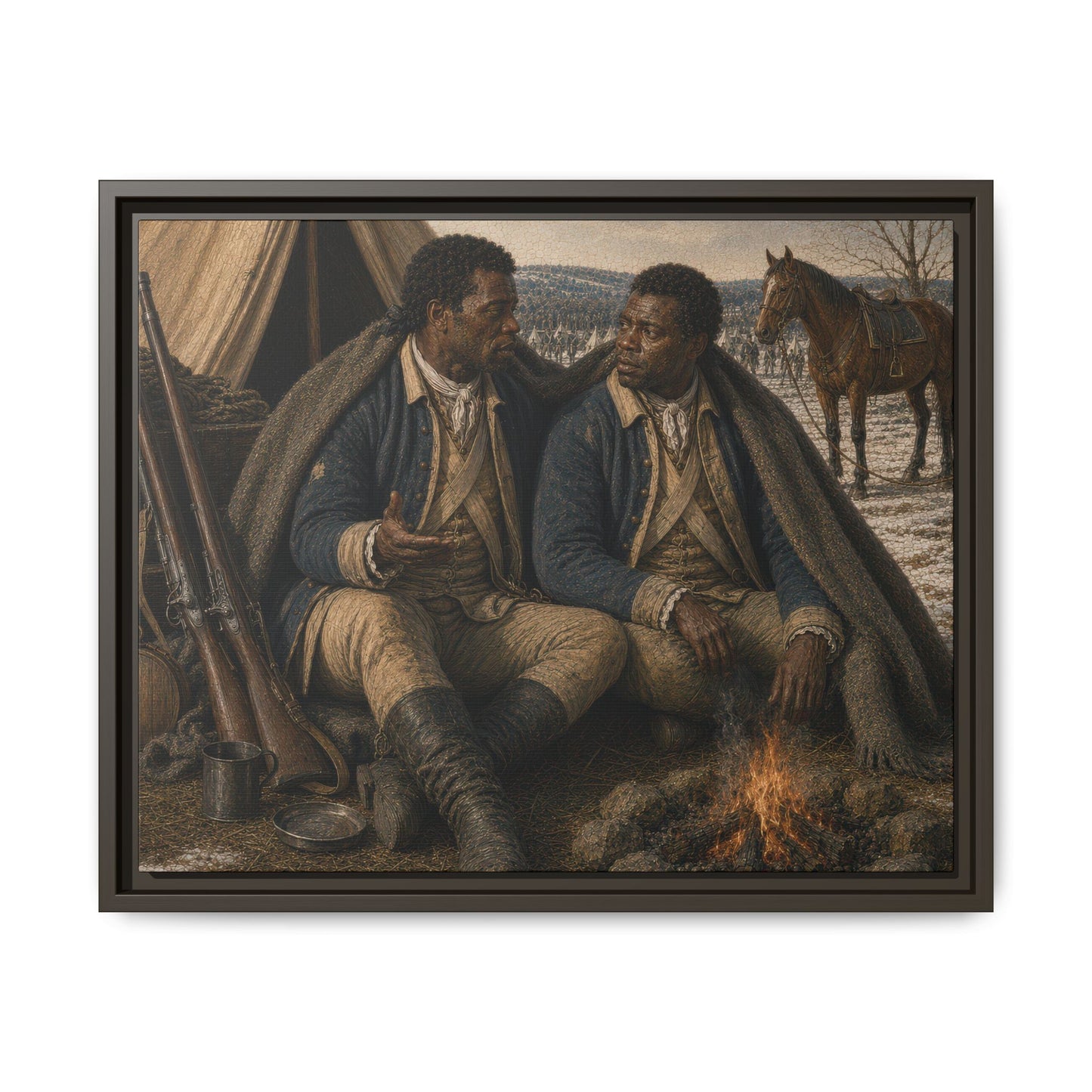 Two Black Continental Army soldiers seated beneath a shared blanket beside a winter campfire outside a military tent in a museum-inspired framed matte canvas by Walt & Pete®
