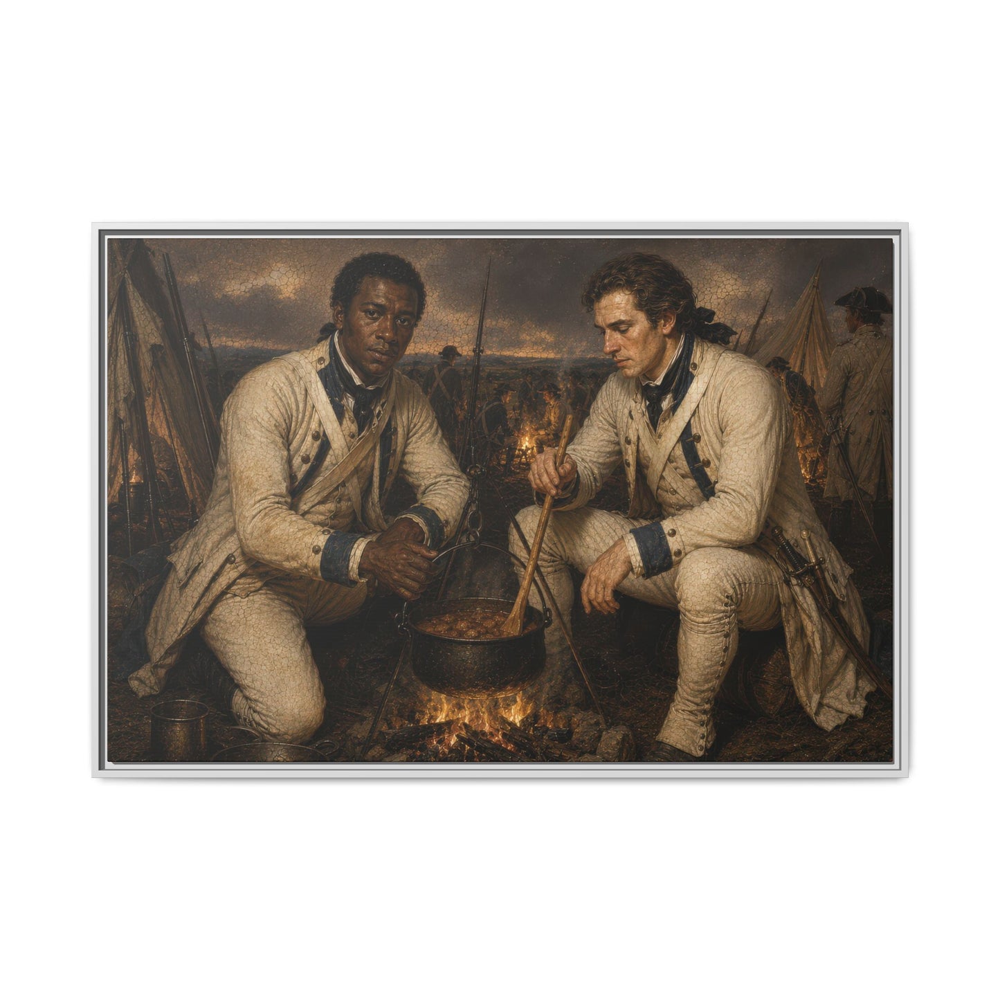 Historically inspired framed canvas depicting Black and white French expeditionary soldiers sharing camp duties beside a fire during the Revolutionary War.