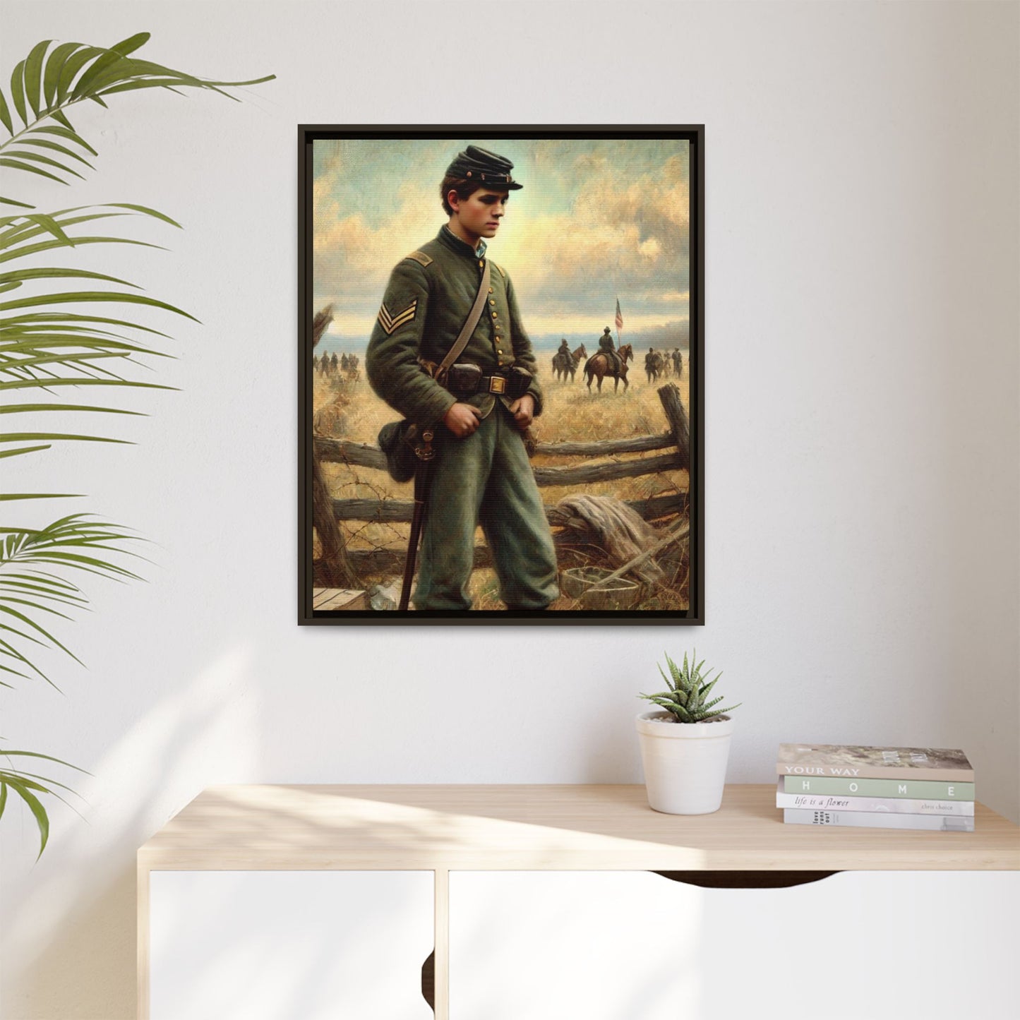 Framed artwork of a young Civil War Union soldier inspired by Walt Whitman’s Drum-Taps poems and Grant Wood's style, depicting battlefield sacrifice, humanity, and historical charm.