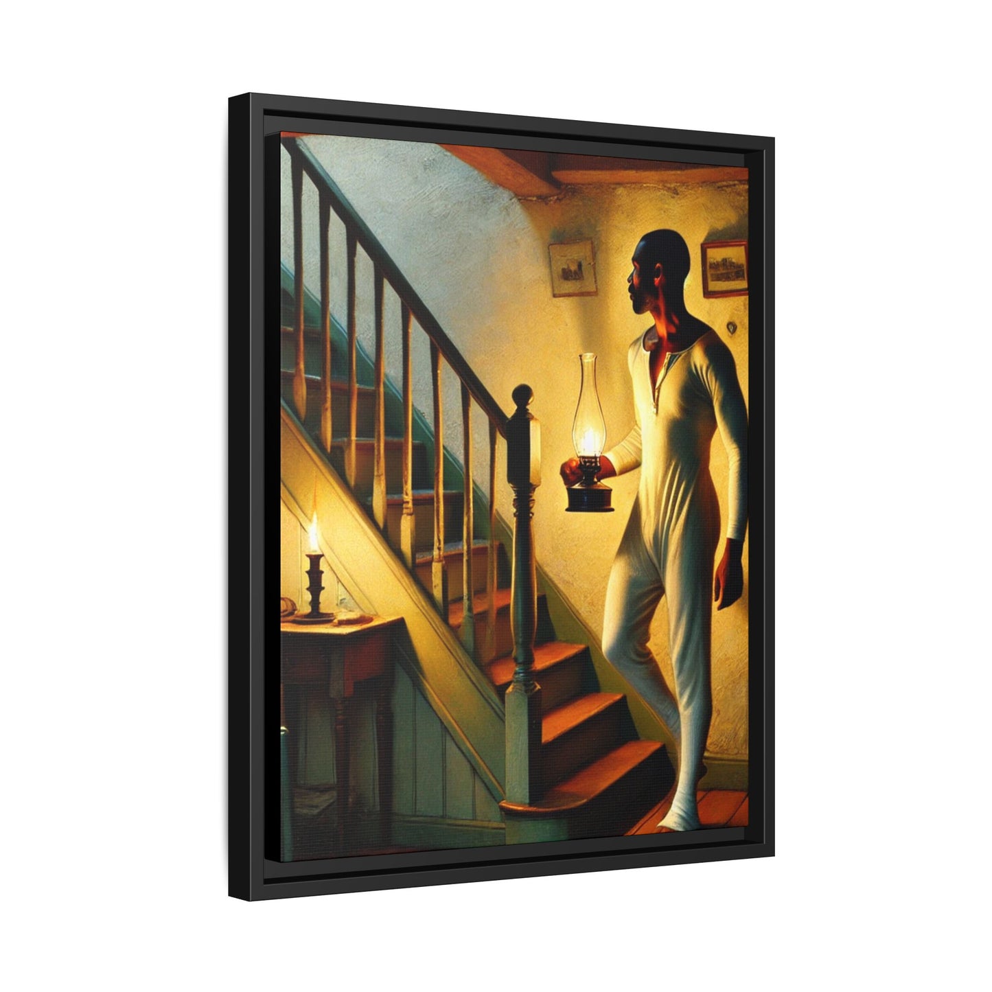 Framed artwork of an African-American man holding a lantern on a staircase, inspired by Grant Wood's style.