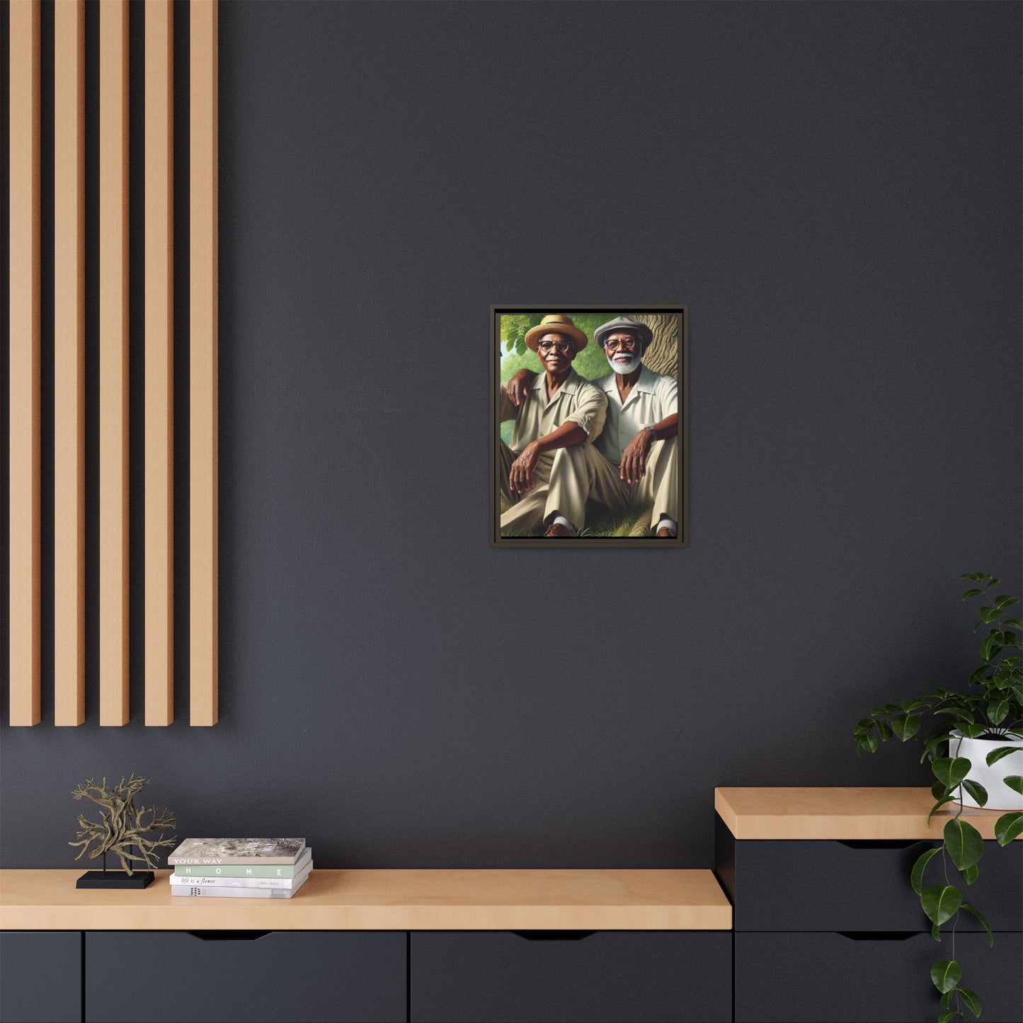 Framed artwork of a gay African-American couple in Cedar Rapids, Iowa, 1930s, celebrating love and resilience.