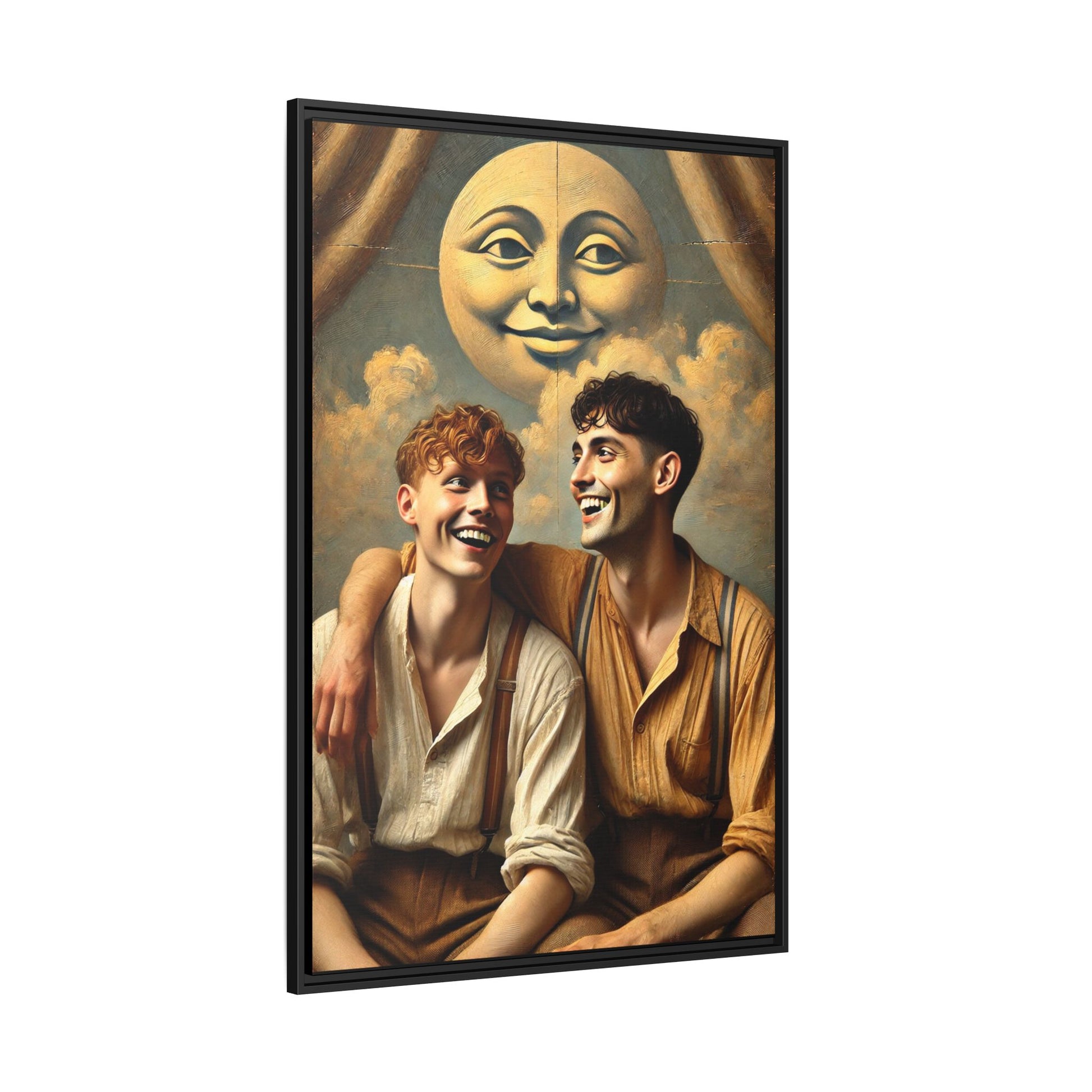 Queer artwork of two joyful young men dressed in vintage clothing with rolled sleeves and suspenders, laughing under a large moon prop in a dreamy studio scene. A celebration of love and resilience reclaimed from forgotten queer histories.
