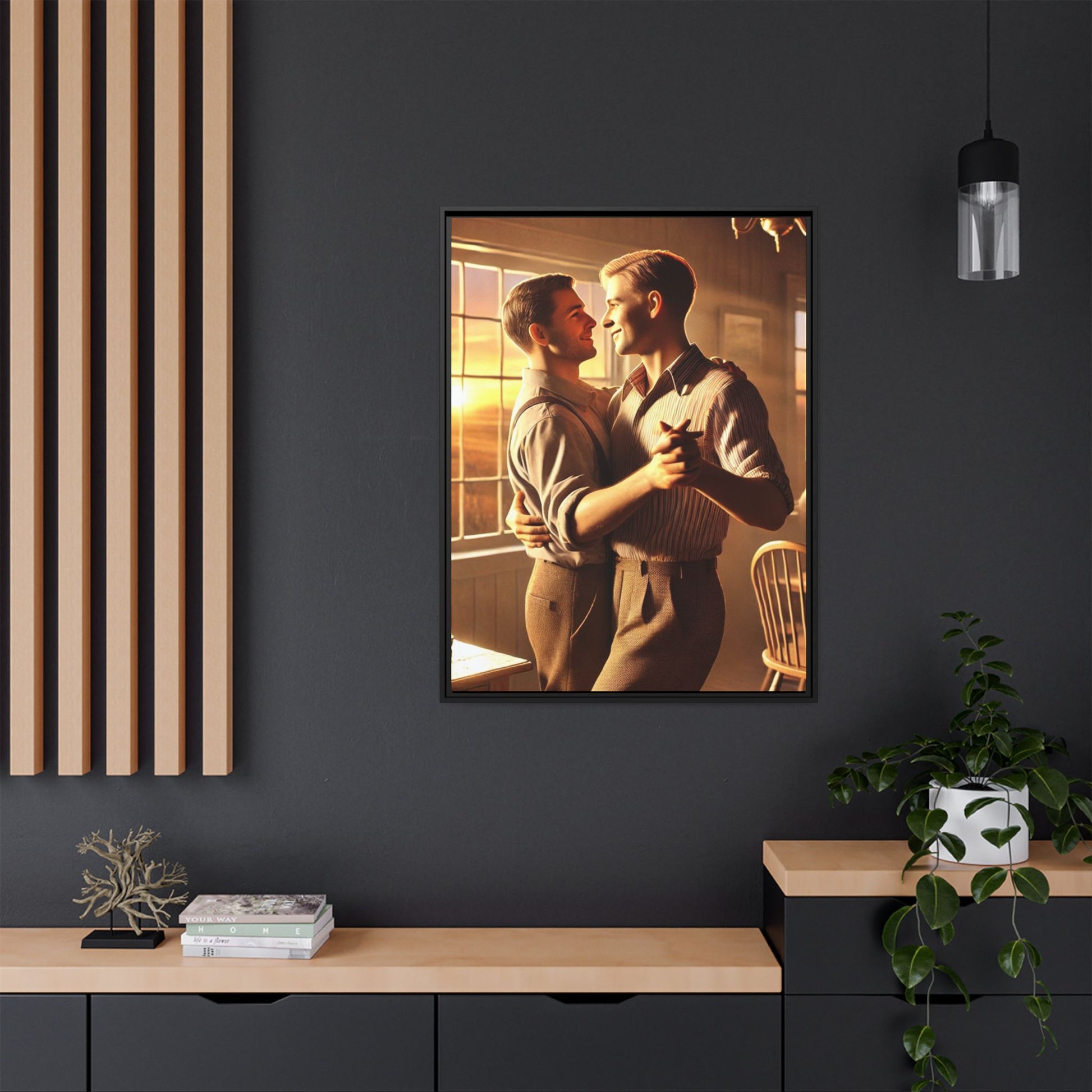 Art of a gay couple dancing in a sunlit dining room, inspired by Grant Wood’s Americana style and celebrating love.