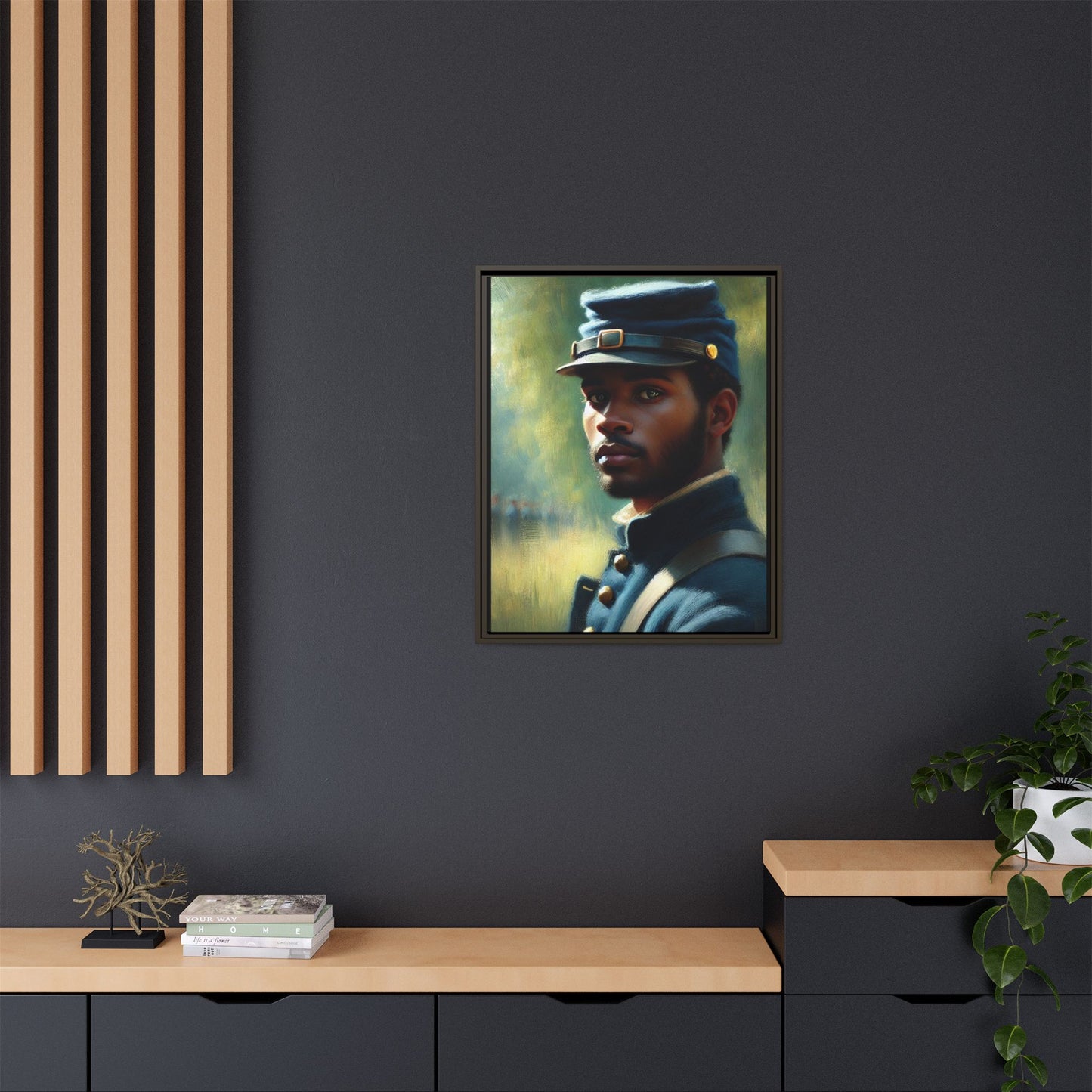 Portrait of an African American Civil War Union soldier in a kepi and navy wool coat, inspired by Walt Whitman’s Drum-Taps, honoring bravery, sacrifice, and resilience.