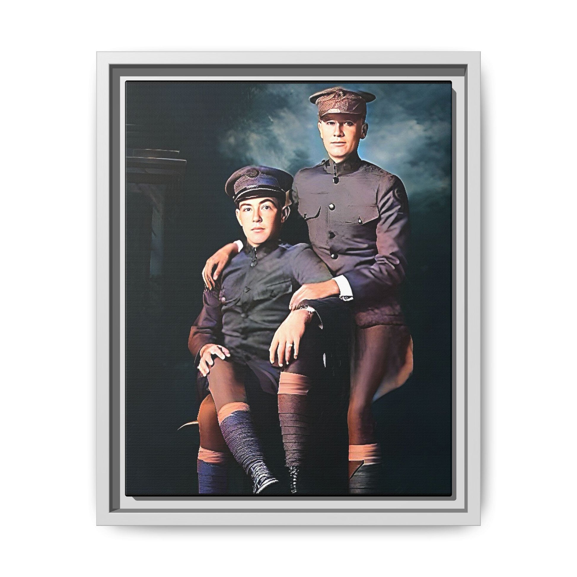 Restored WWI-era photo of Frederick & Hugh, gay soldiers seated together in Providence, Rhode Island, framed canvas art.