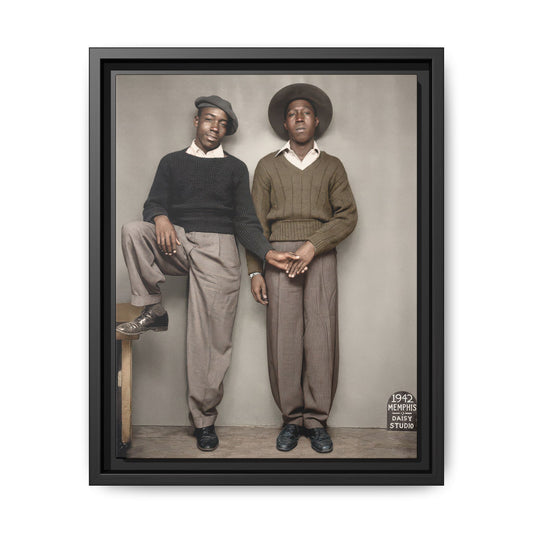Paire 161 restored 1942 Memphis studio portrait of two African American men standing together with their hands touching.