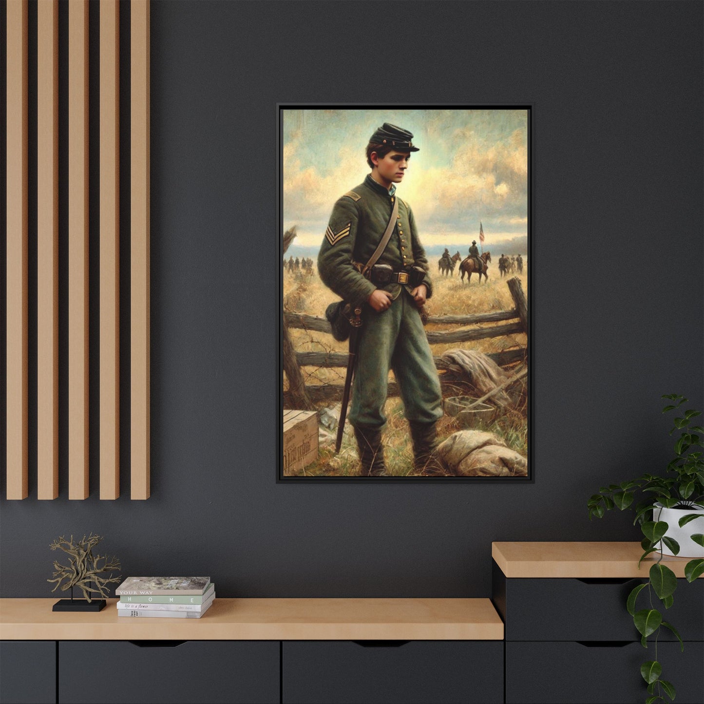 Framed artwork of a young Civil War Union soldier inspired by Walt Whitman’s Drum-Taps poems and Grant Wood's style, depicting battlefield sacrifice, humanity, and historical charm.